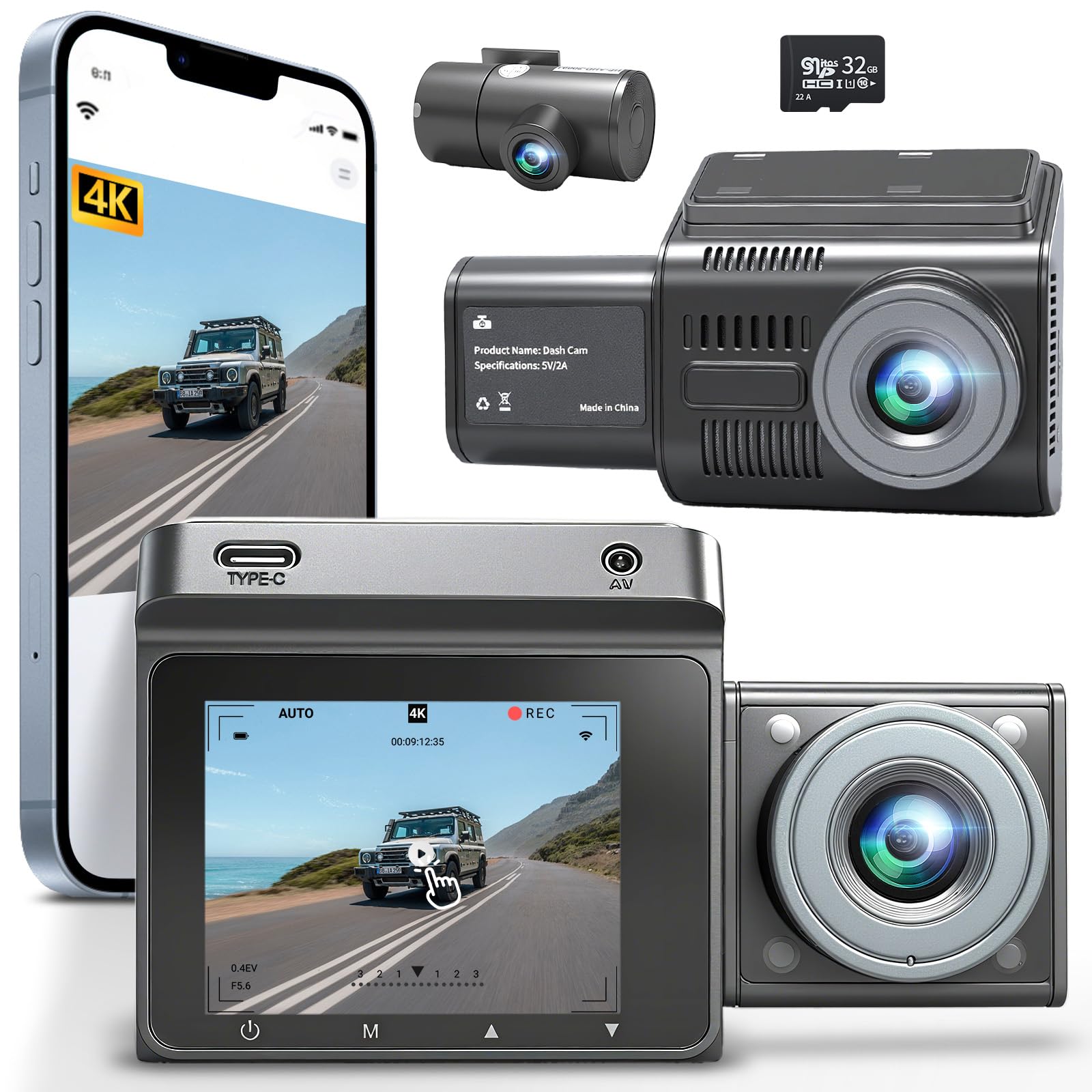 4K Dual Dash Cam with GPS Wi-Fi Front Rear Interior Camera Loop Recording Parking Mode G-Sensor 3 2