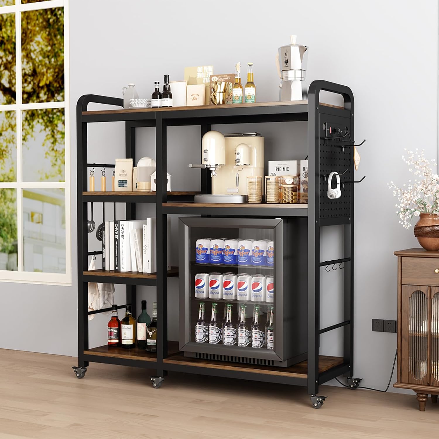 Bakers Rack with Power Outlet ，6-Tier Kitchen Baker's Rack,microwave cart,Microwave Stand with Storage Suitable for Kitchen, Living Room, Dinning Room，Coffee Bar(6-Wheels&9- Hooks) (Rustic Brown)