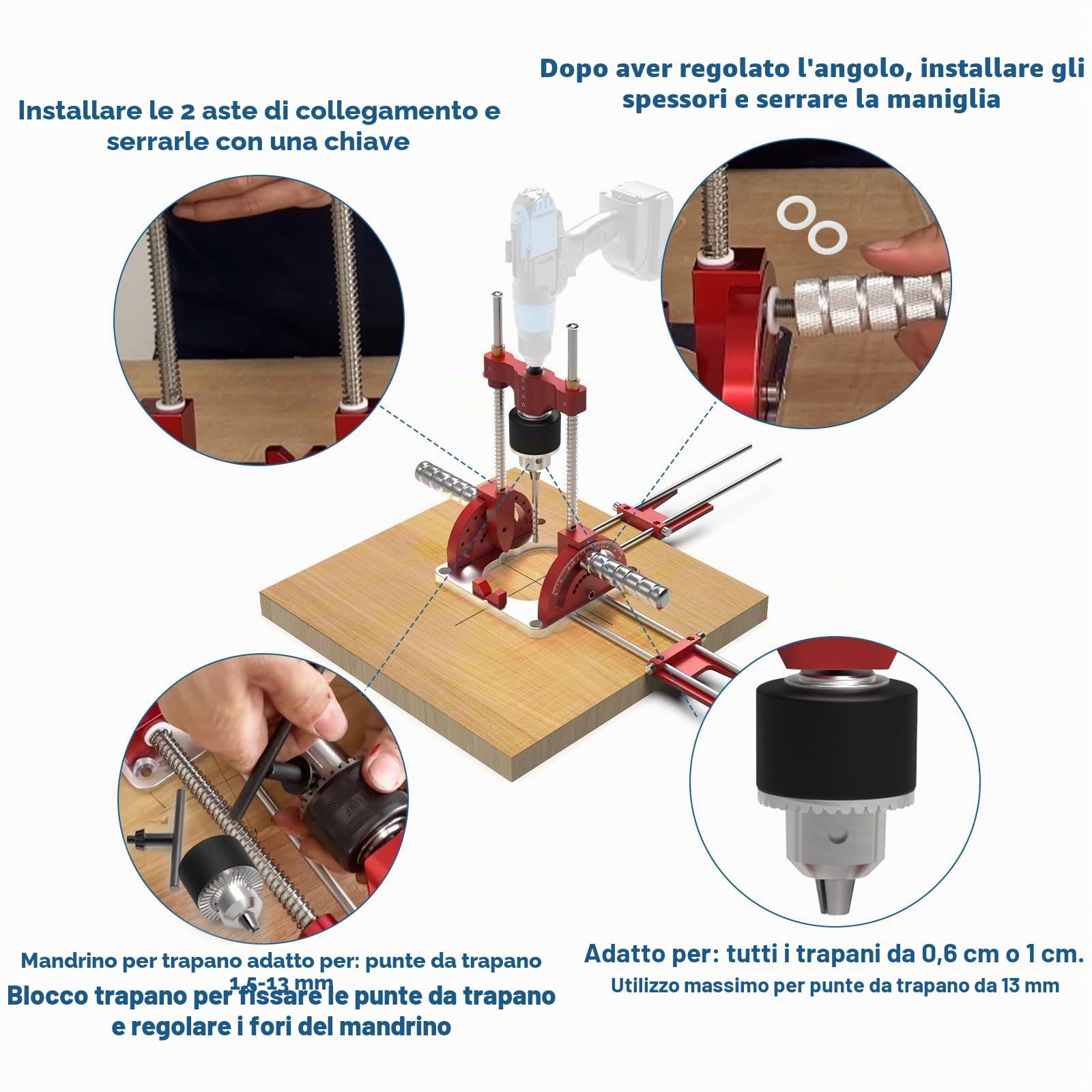 Guida per trapano multi angolo, supporto portatile di precisione con mandrino di centraggio per trapano base guida per trapano elettrico da 1,5-13 mm, guida per trapano angolare da 0° a 60°, maschera