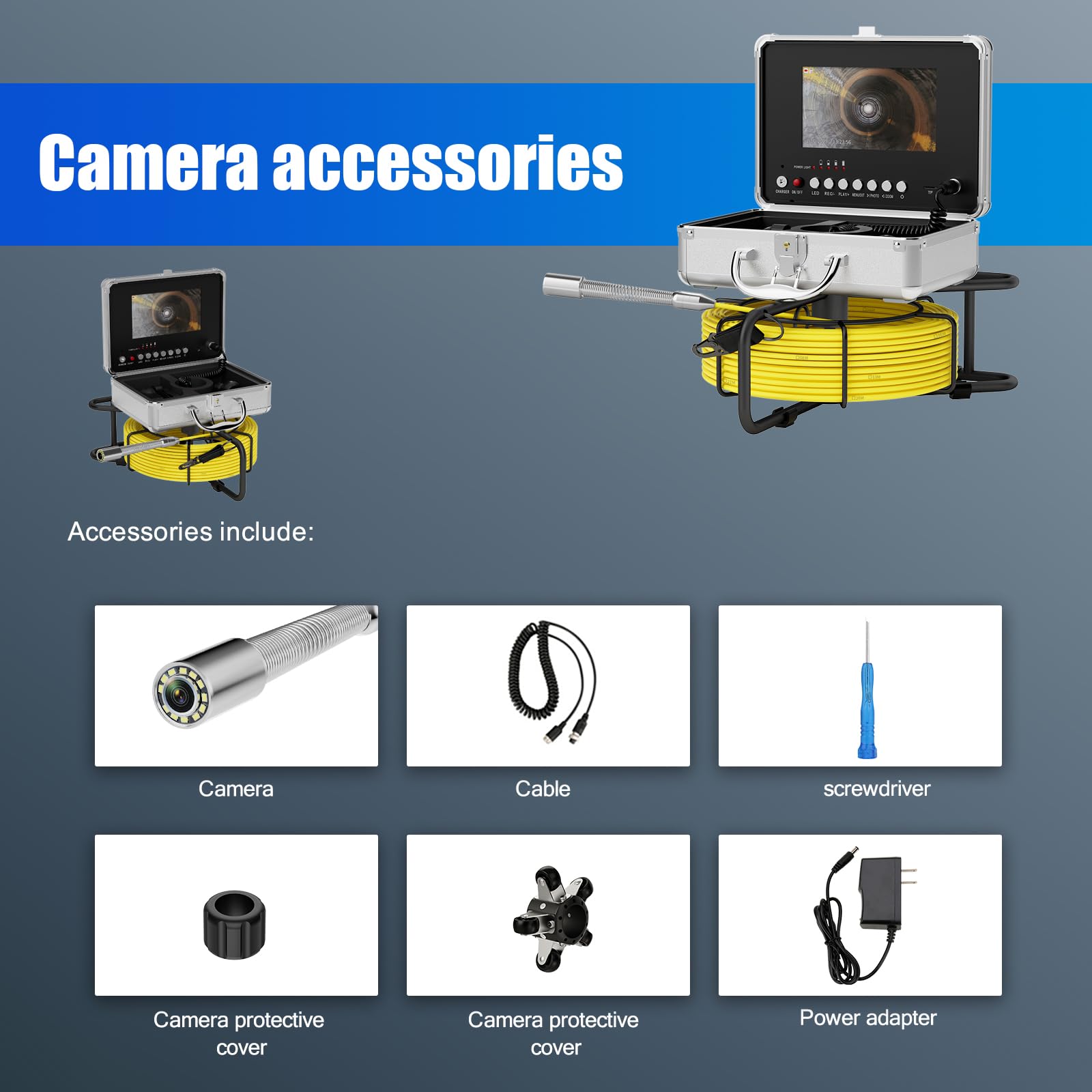 Endoscopio per Tubi 20/30M con Schermo AHD 7" DVR, 1080P HD, Scheda 16GB Inclusa, Contametri, Marcatura Metri, IP68 Impermeabile, per Tubi Fognari Industriali (30M-Telecamera da 23mm)