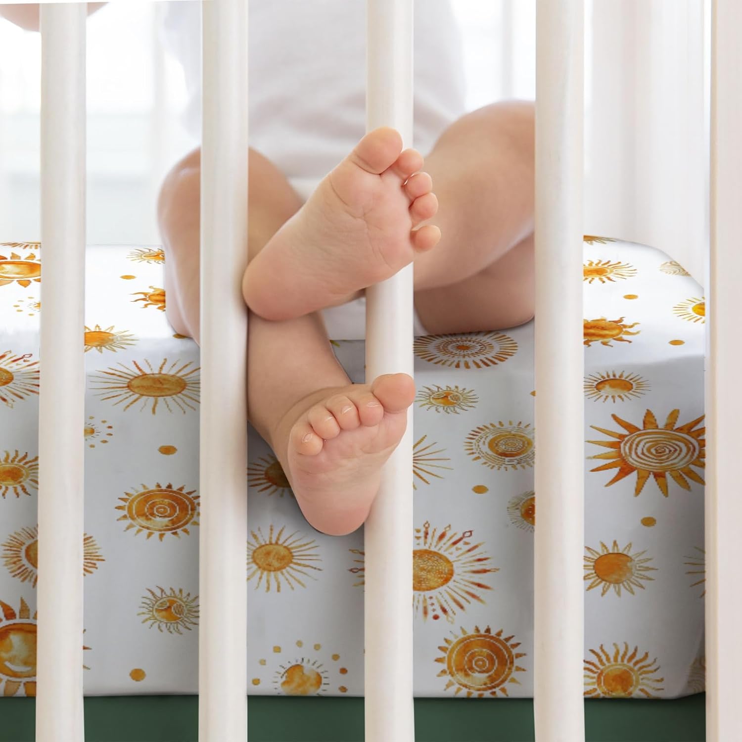 Watercolor Suns Totem Baby Crib Sheets 52''x28'' Boho Sunshine Stretchy Fitted Crib Mattress Covers for Boy Girl Golden Suns Soft Nursery Baby Bed Sheets for Standard Crib and Toddler Mattress