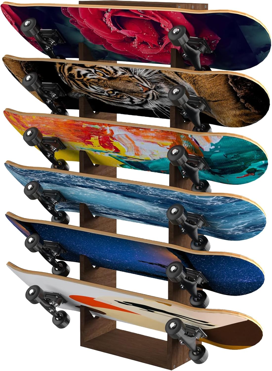 Skateboard Rack Wall Mount 6-Tier Wooden Skateboard Storage Rack Holder Skateboard Stand Display Organizer Skateboard Hanger for Longboard, Deck, Standard Skateboards