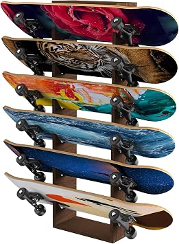 Skateboard Rack, Wall Mount, 6-Tier, Wooden Storage Holder