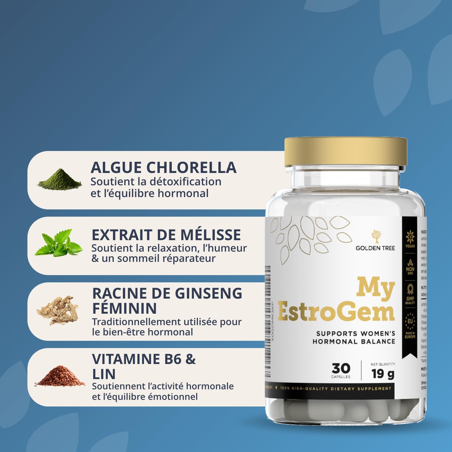 Golden Tree My EstroGem – Integratore Donna, 30 Capsule | Con Melissa, Clorella, Angelica, Semi di Lino, Vitamina B6 e Pepe Nero