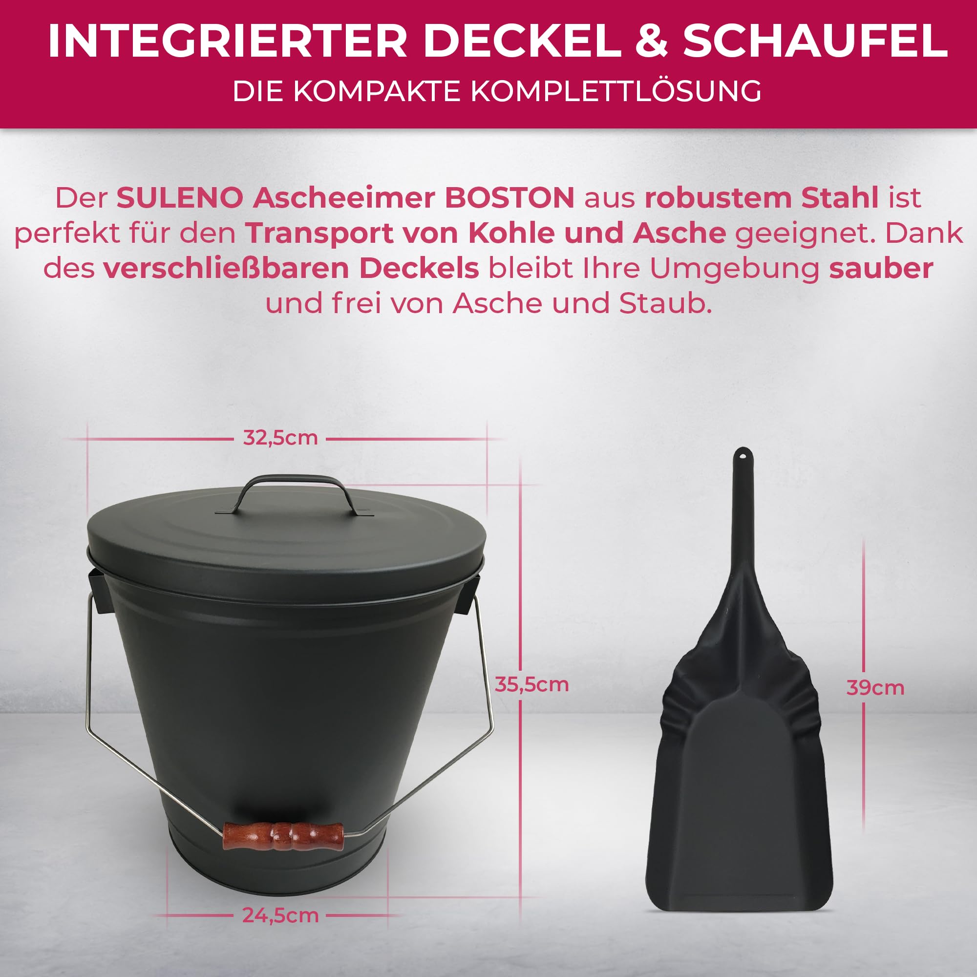 SULENO Ascheeimer Boston, 19L Kohleeimer, Inkl. Deckel, Schaufel &, Schwarz