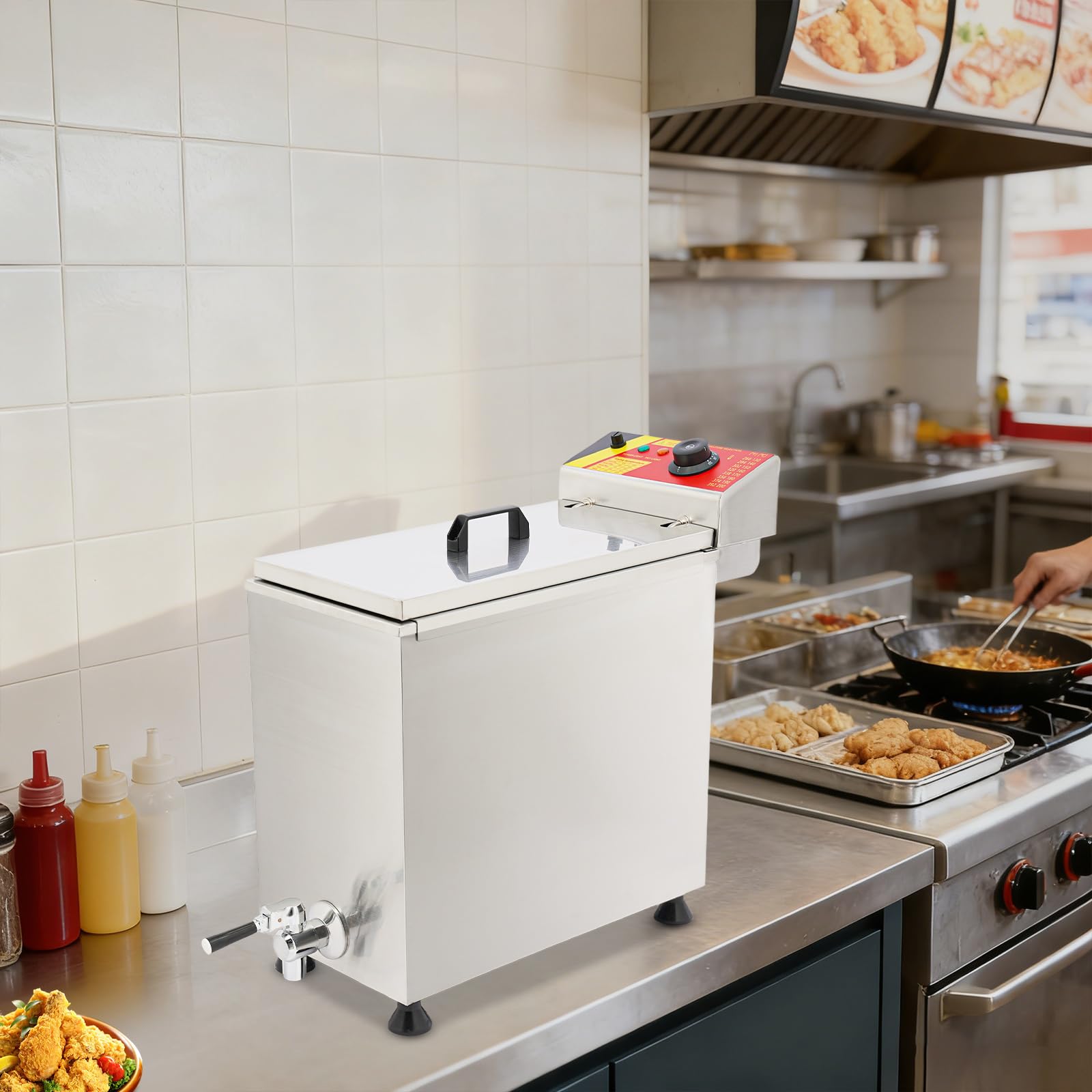 Professionelle Edelstahl-Fritteuse 3000W, mit Ablasshahn, 12-Haken-Racks, Deckel & Überhitzungsschutz, regelbare Temperatur 30-200°C, 25L Große Fritteuse für Gastronomie & Haushaltsgebrauch