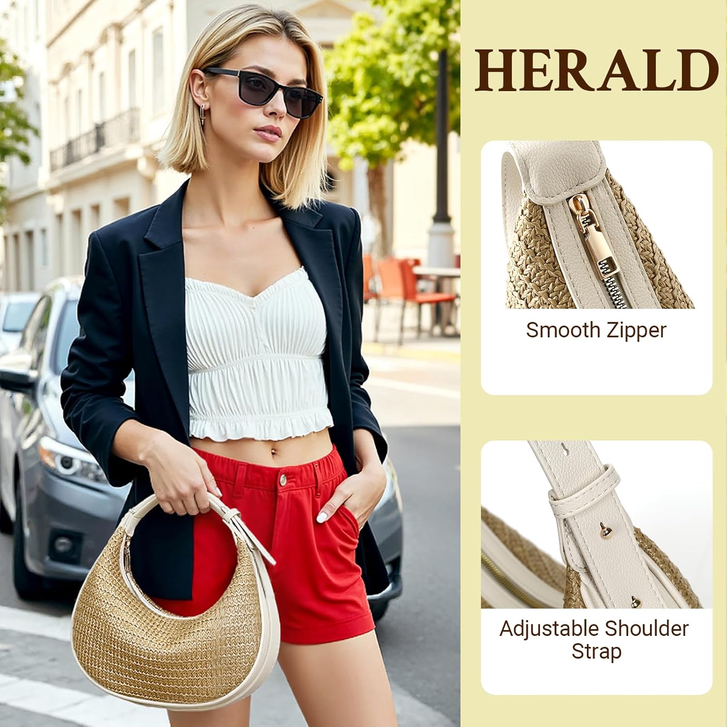 Herald Straw Crossbody Bag for Women Beach Woven Hobo Handbag Summer Chic Crescent Shoulder Purses with Adjustable Strap - Image 4