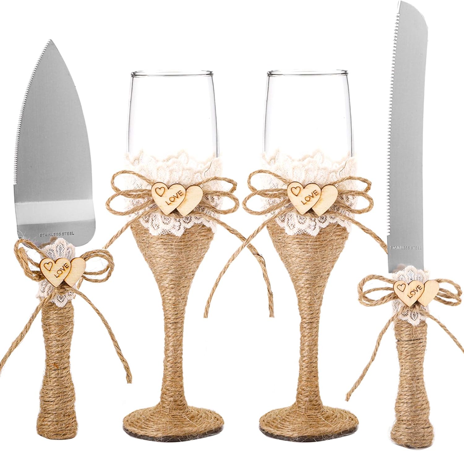 WUWEOT Cake Knife and Server Set with Champagne Glasses, Rustic Wedding Supplies with Jute Handles and Wood Heart for Wedding, Birthdays, Anniversaries, Parties, Rustic Bride Groom Gifts