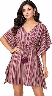 Women’s Maroon Striped Beach Kaftan Dress | V-Neck Drawstring Waist | Loose Fit Summer Cover-Up | Lightweight Resort Wear ... Price In India