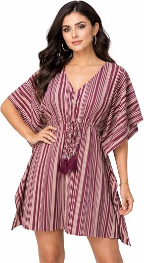 Women’s Maroon Striped Beach Kaftan Dress | V-Neck Drawstring Waist | Loose Fit Summer Cover-Up | Lightweight Resort Wear ...