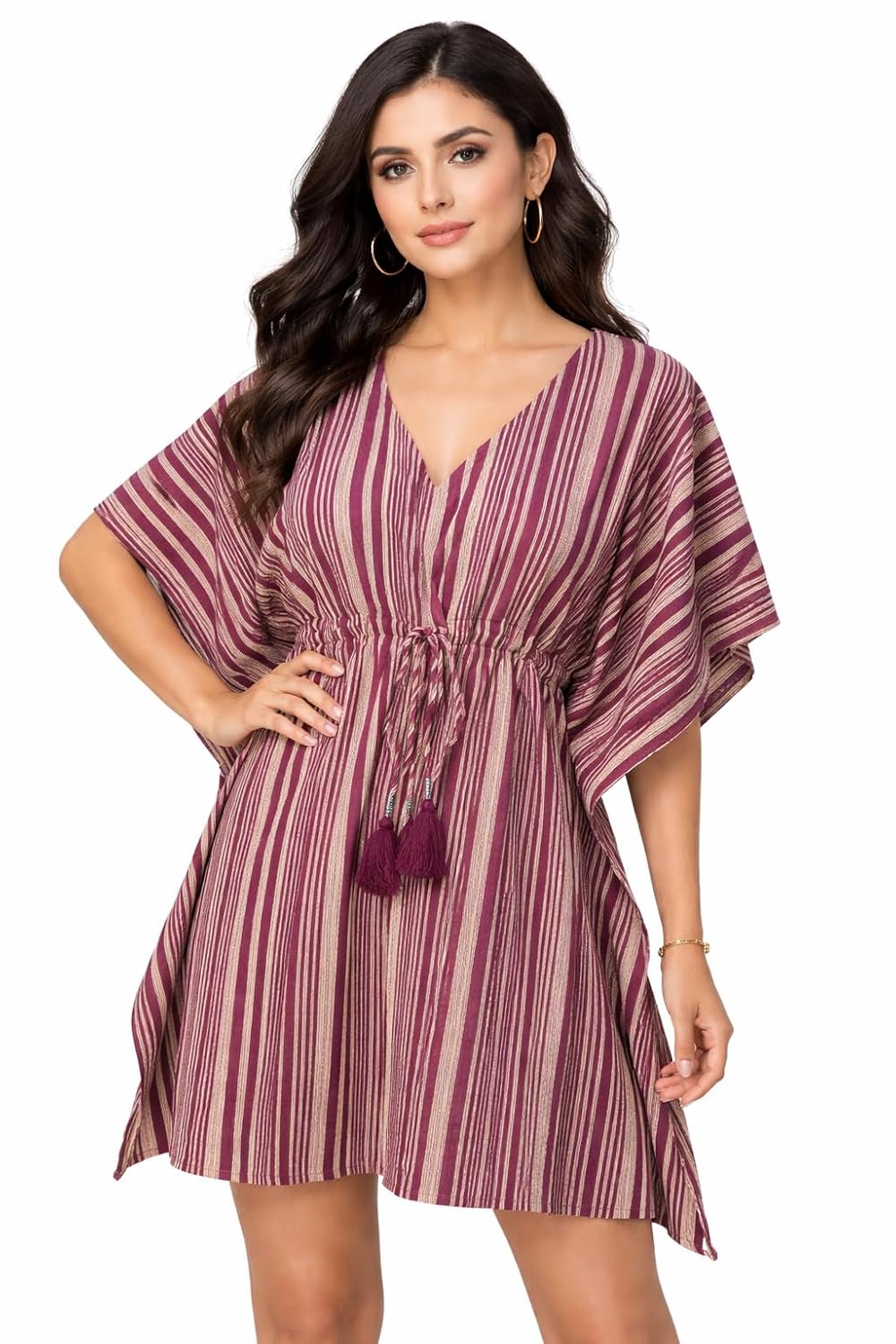 Women’s Maroon Striped Beach Kaftan Dress | V-Neck Drawstring Waist | Loose Fit Summer Cover-Up | Lightweight Resort Wear ... - Review, Price and Buying Guide