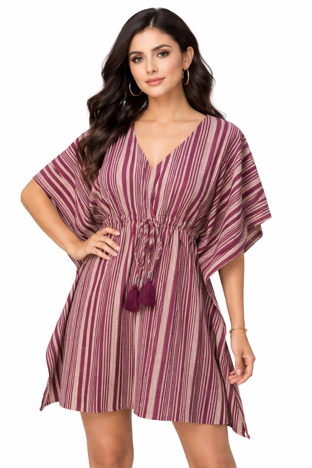 Women’s Pink Striped Beach Kaftan Dress | V-Neck Drawstring Waist | Loose Fit Summer Cover-Up | Lightweight Resort Wear Tunic | Free Size-image-30