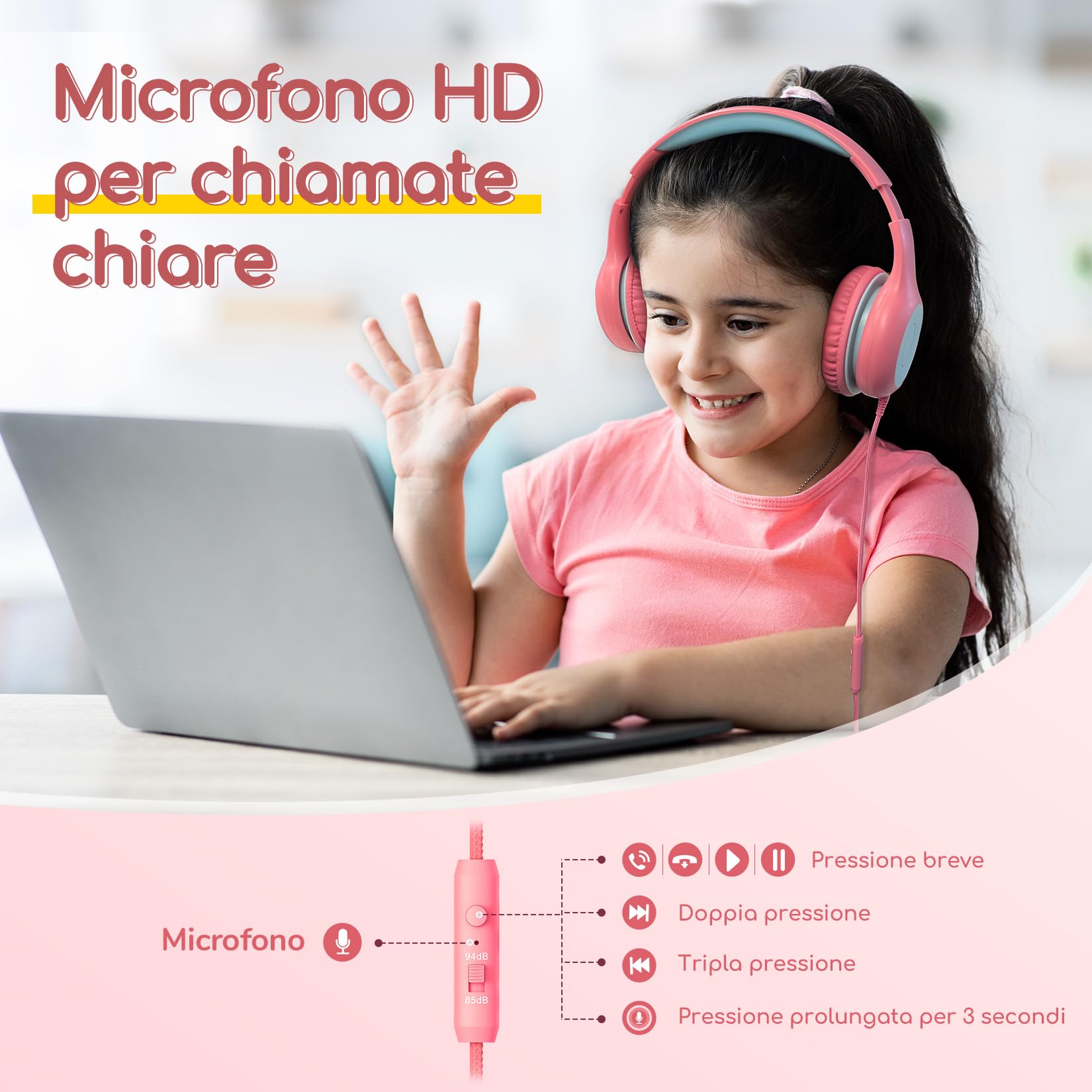 EarFun Cuffie Bambini con Micro, Jack 3.5mm, Confezione da 3, Blu&Rosa&Nero | 85/94dB Volume Limited, Funzione di Condivisione, Pieghevoli e Regolabili, per Scuola/Viaggio/Didattica Online