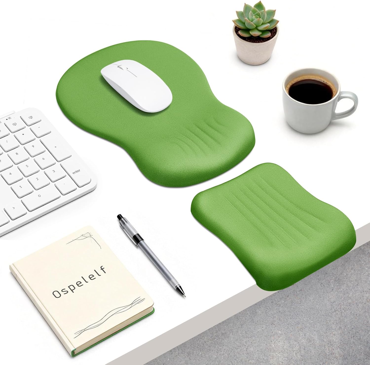 Ospelelf Mouse Pad with Wrist Rest Set Foam L-Shaped Desk Elbow Pad Ergonomic Desk Edge Cushion Anti-Slip Rubber Bottom Office Women Desk Accessories for Computer, Laptop and Gaming, Pink