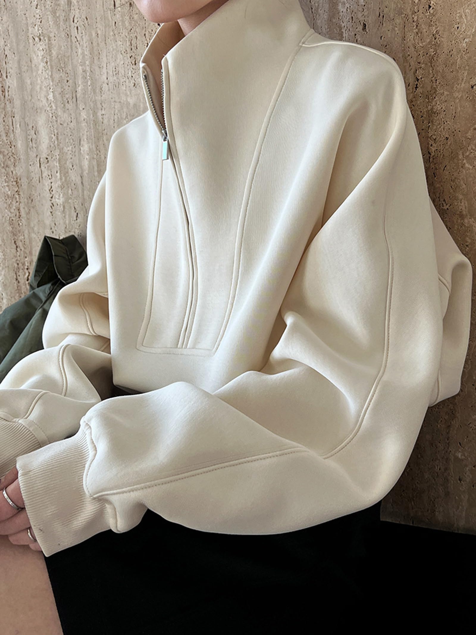 Damskie bluzy z półzamkiem Modny kołnierz stójka Długie rękawy Luźne bluzy na jesień