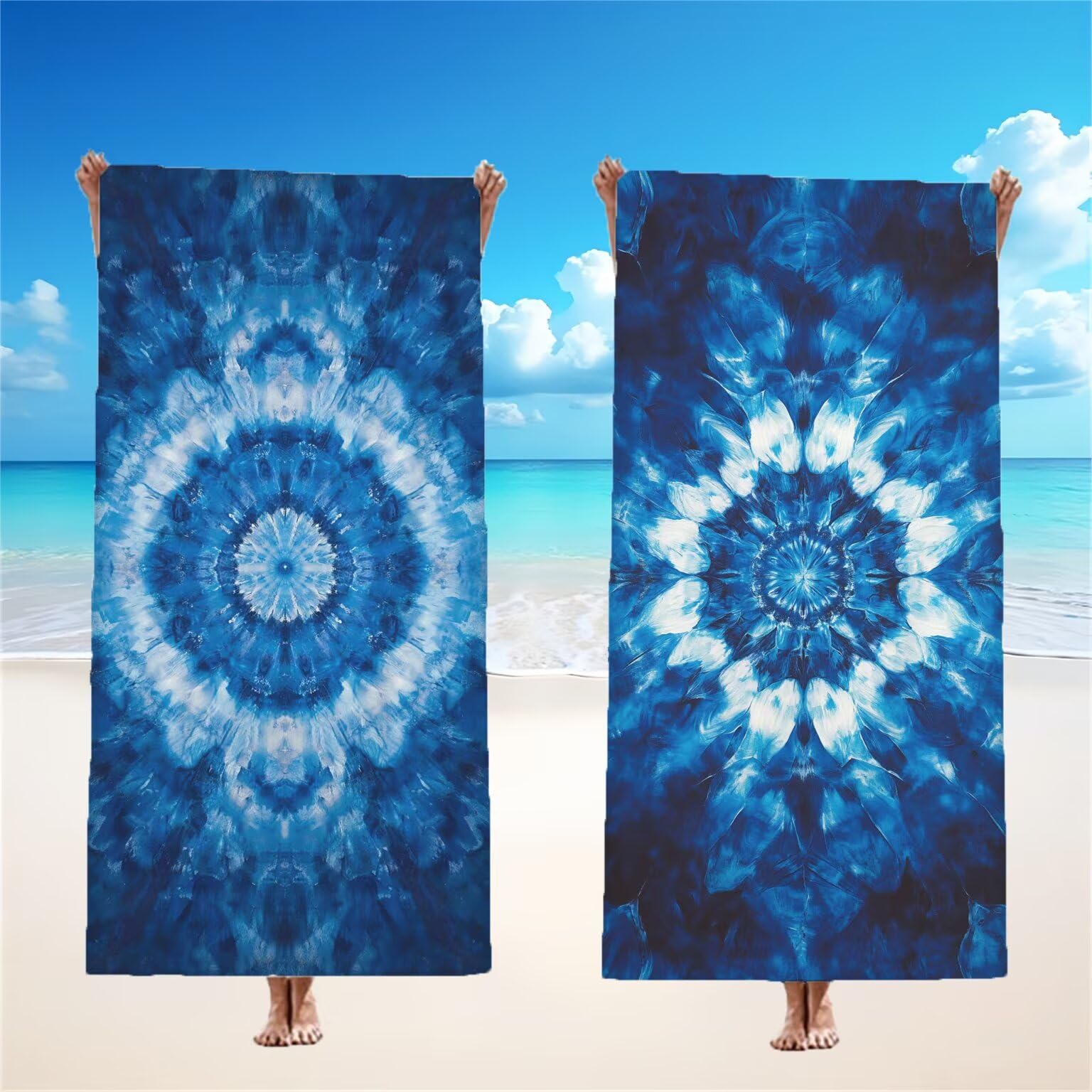 Niebieski ręcznik plażowy dla dorosłych, ręcznik z mikrofibry 100 x 200 cm, duży, 2 sztuki, ręczniki kąpielowe, unikalne zatrzaskowe, chłonne, szybkoschnące, odporne na piasek, lekka konstrukcja, do