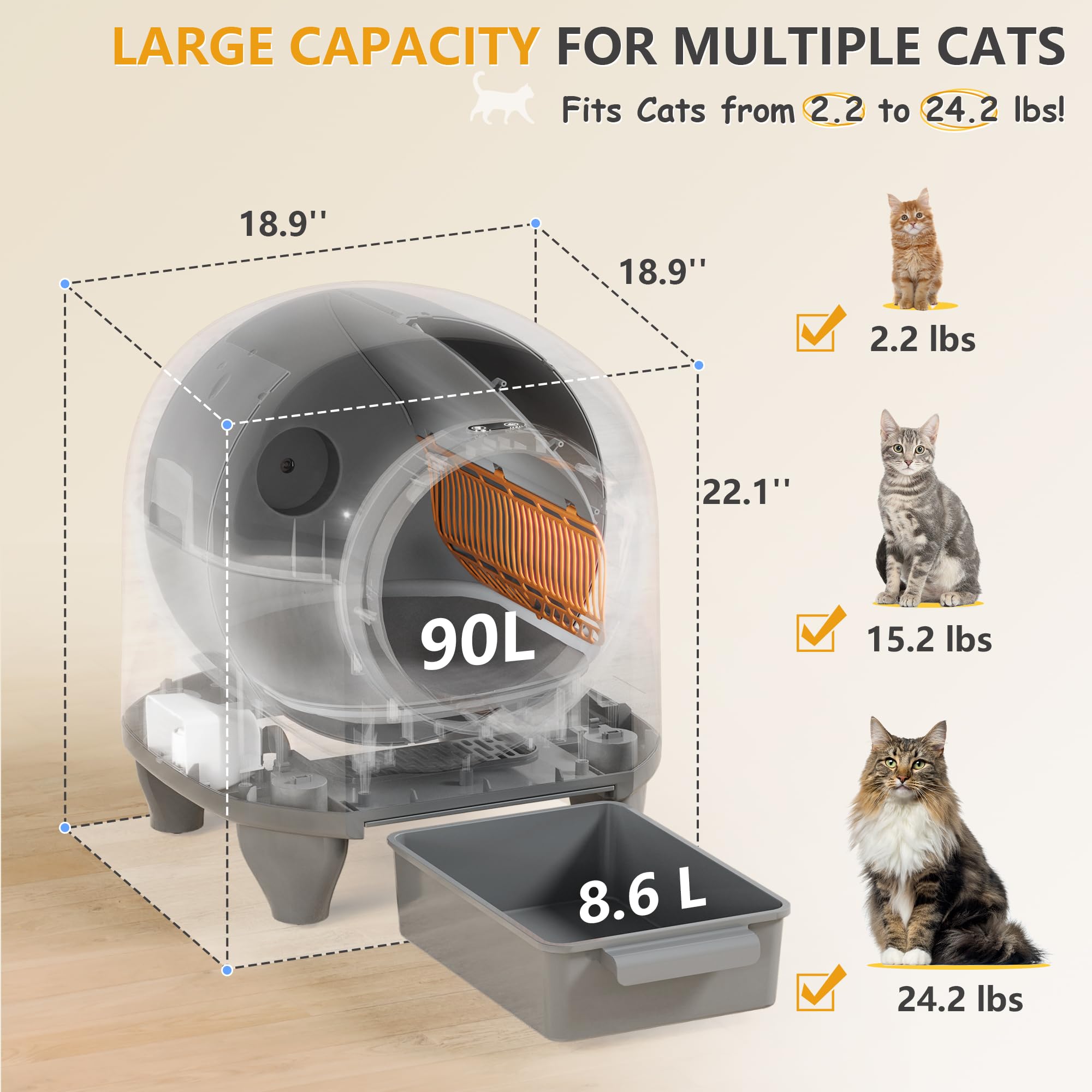WARCAT Self Cleaning Litter Box Automatic, 90 L Automatic Cat Litter Box for Multiple Cats APP-Controlled with Smart Sensors, Safety Protection,Mat,1 Roll Garbage Bag (Gray) - image 7