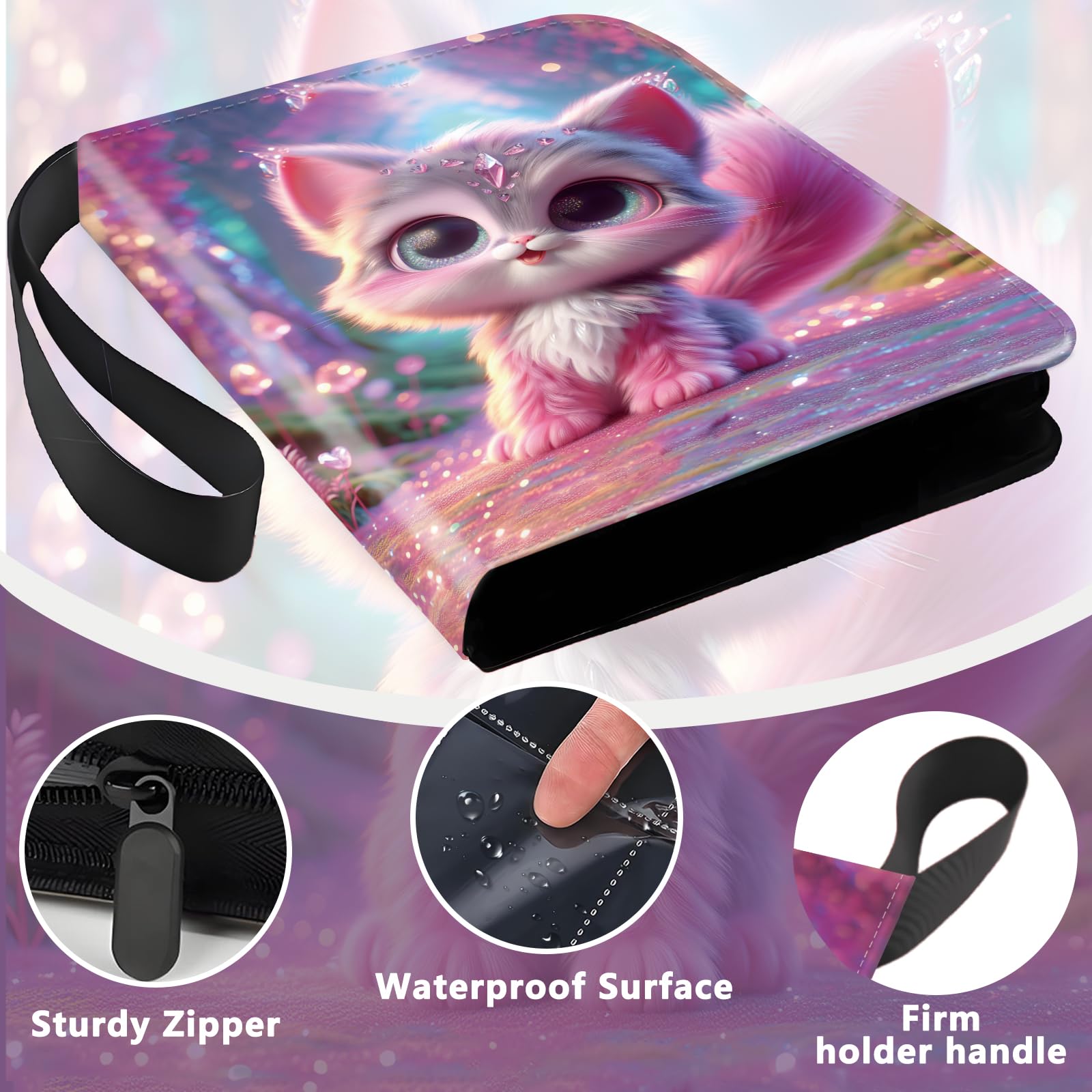 Raccoglitore per carte collezionabili a 4 tasche con 50 tasche rimovibili, capacità 400 scomparti con cerniera, per MTG, TCG e carte sportive (simpatico gatto rosa)