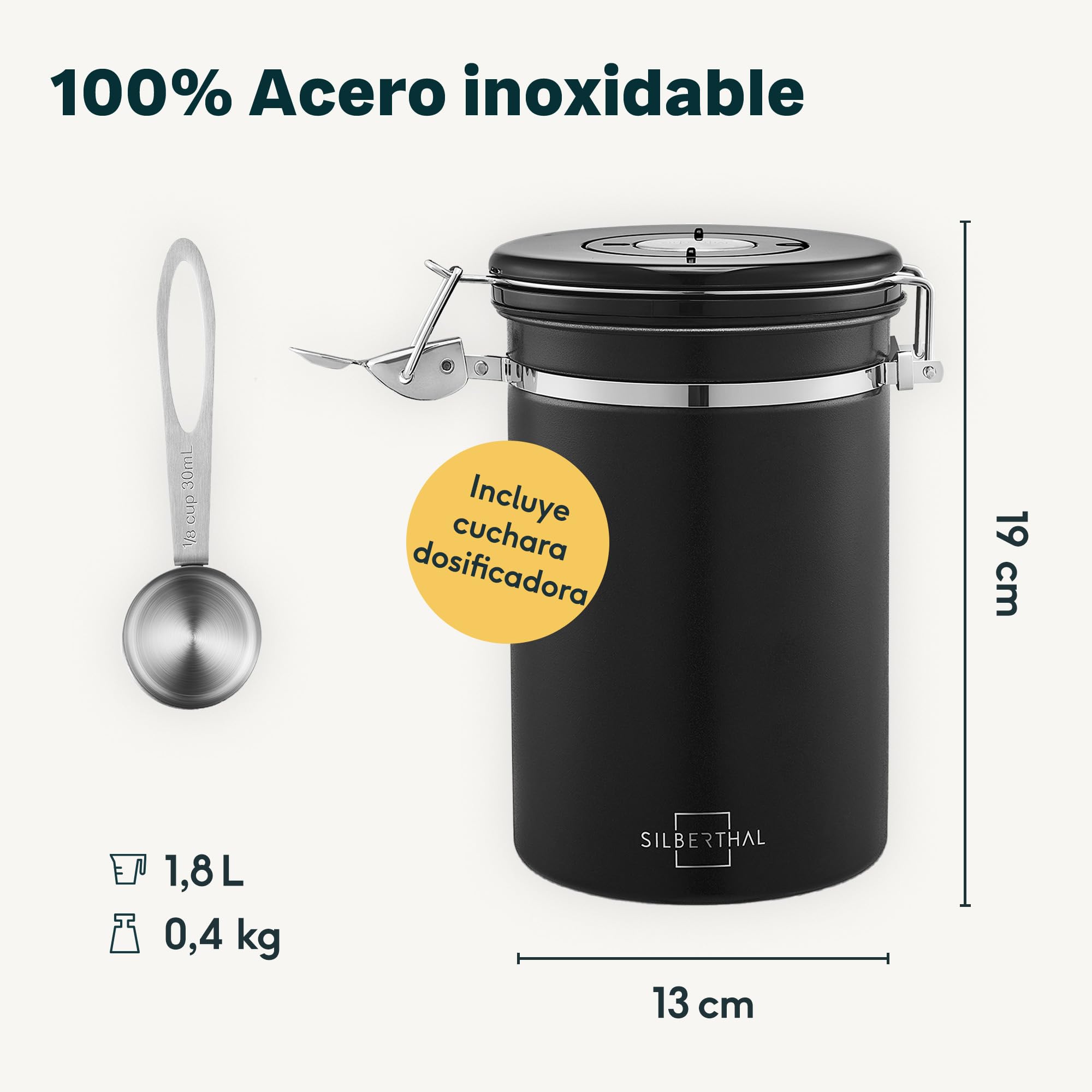 SILBERTHAL Bote cafe hermetico 500g - Acero inoxidable - Tarro de cafe con cuchara - Negro