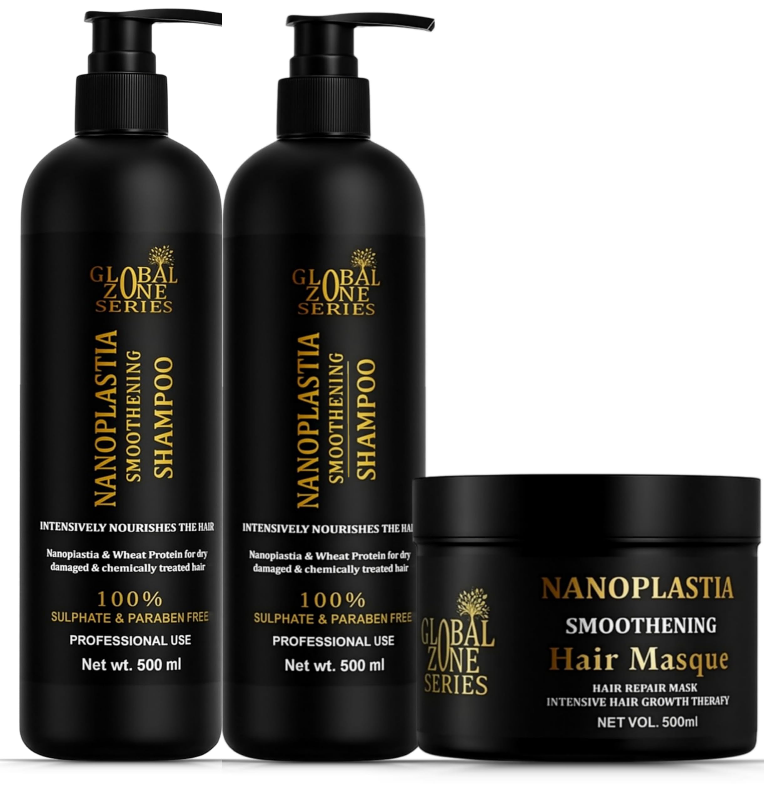 Global Zone Series Premium Nanoplastia Smoothing Shampoo and hair mask 500 Sulfate & Paraben Free, with Nanoplastia & Wheat Protein for Dry, Damaged & Chemically Treated Hairs | 2 SMPU 1MASK