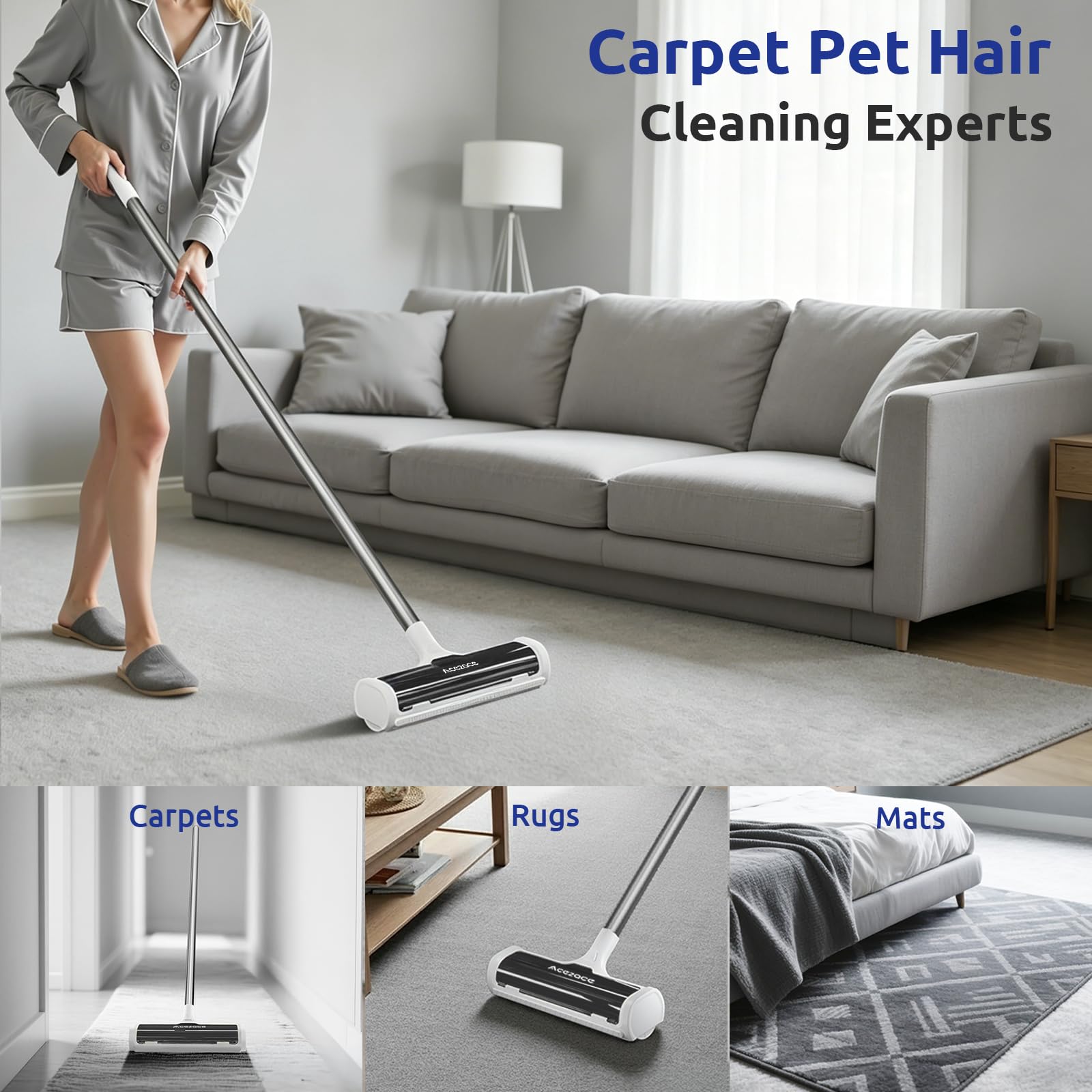 ACE2ACE Rouleau de tapis pour poils d'animaux, brosse pour poils d'animaux, tapis pour poils de chien et de chat, pas de penchement, pas de genoux, poignée longue de 1,5 m, obsidienne