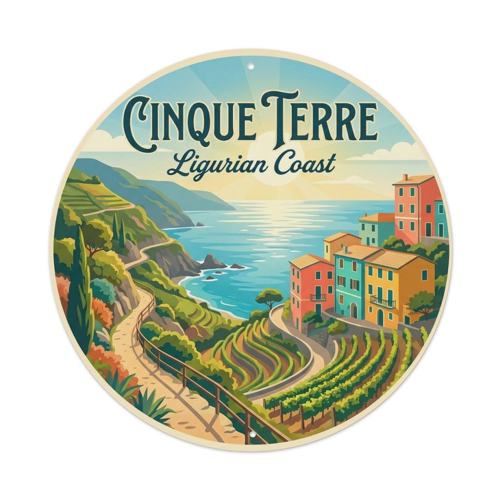 Italian Riviera Coastal Heritage Destination Scenic Landmark Metal Tin Sign Plaque Wall Decor for Cafe, Man Cave, Club Bar, Office, Home Garden Round Metal Poster 8x8Inch