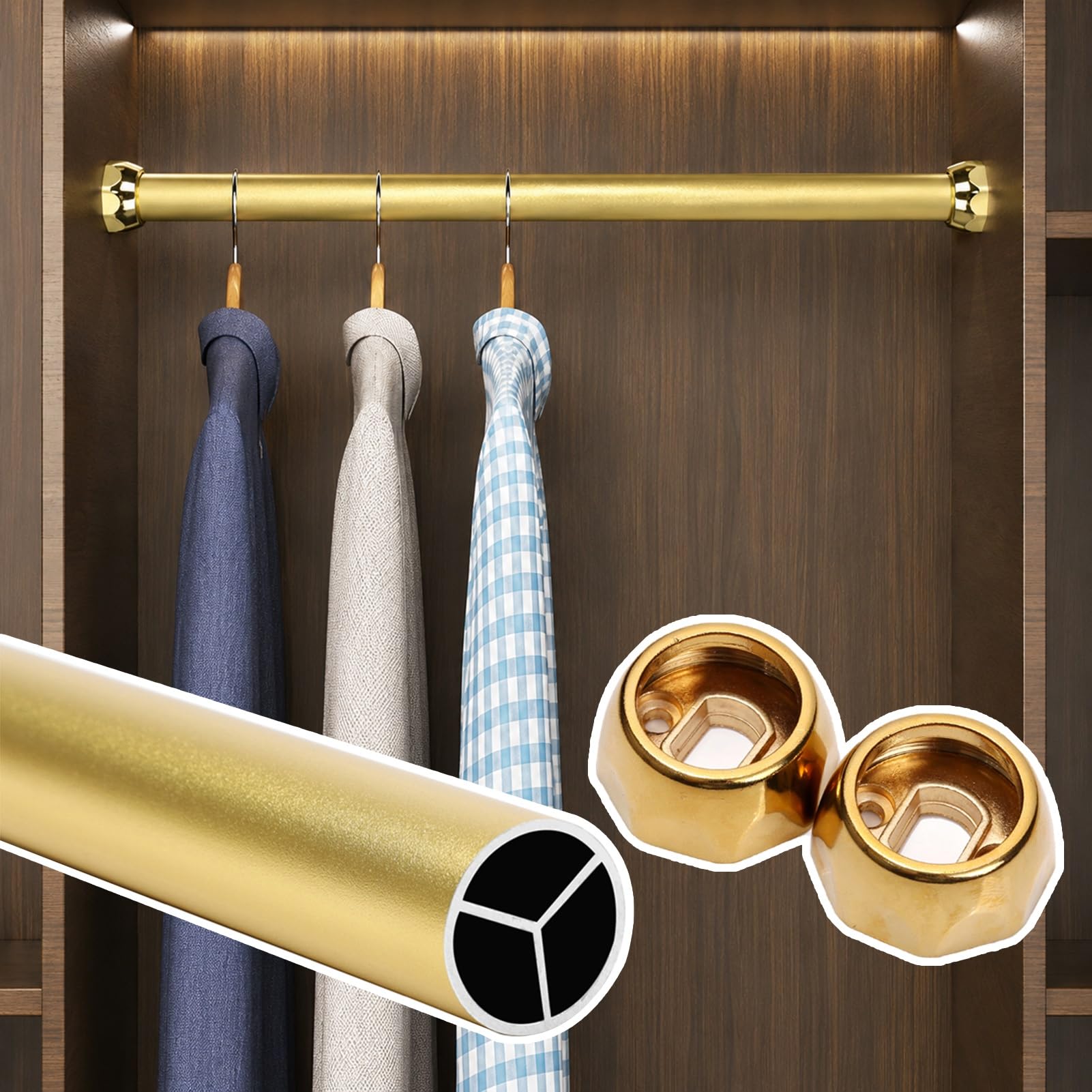 Blazea Round Wardrobe Closet Rods for Hanging Clothes, 1 in Diameter Heavy Duty Closet Poles with End Supports, Gold Clothing Garment Rail Hanger Bar(110cm(43.3in))