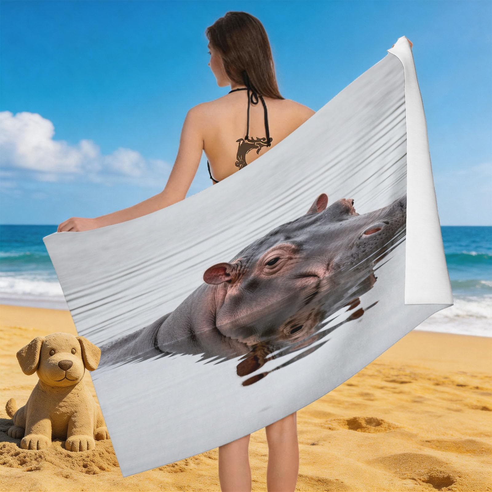 Leichong Men's Grey 3D Hippo Beach Towel Microfiber Soft Quick Dry For Adults, Savanna Animals Bath Towel Lightweight Soft Absorbent For Travel Swimming Pool Sports, 75 X 150 Cm