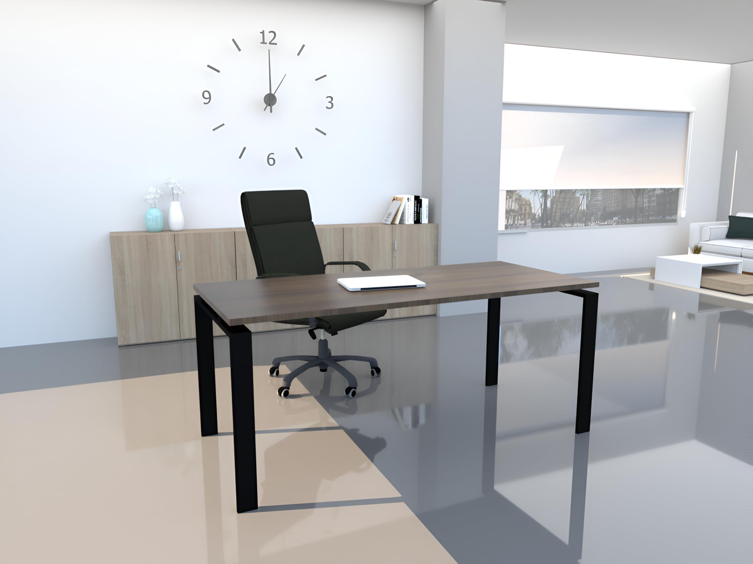 Mesa de Oficina para teletrabajo, despachos, Sala de Estudios y Ordenadores. con Gran amplitud para Dar más Comodidad, con Estructura metálica Negra. (140X80, Nogal)