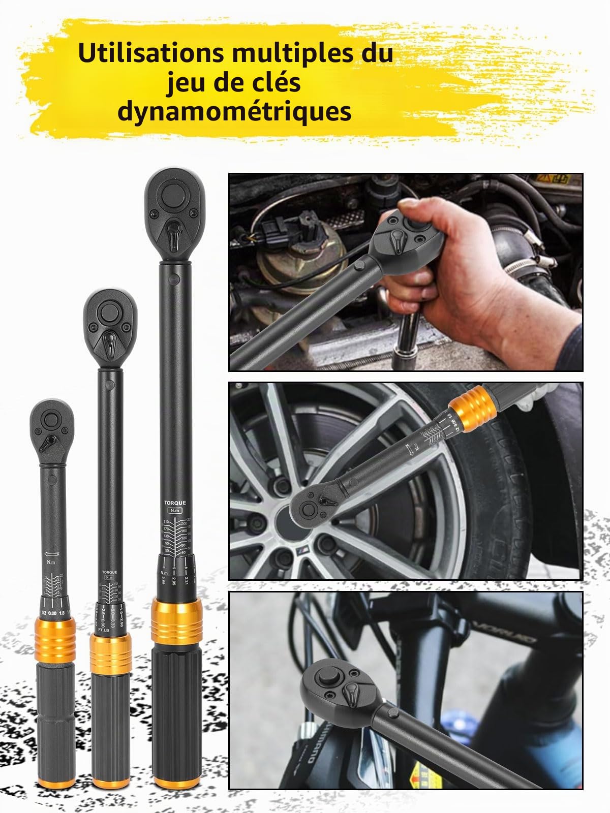 Jeu de 8 Clés Dynamométriques (1/4", 3/8", 1/2"), 72 Dents, Précision ± 3% Avec 3 Rallonges et 2 Adaptateurs - Outil Professionnel pour Vélo, Moto, Voiture