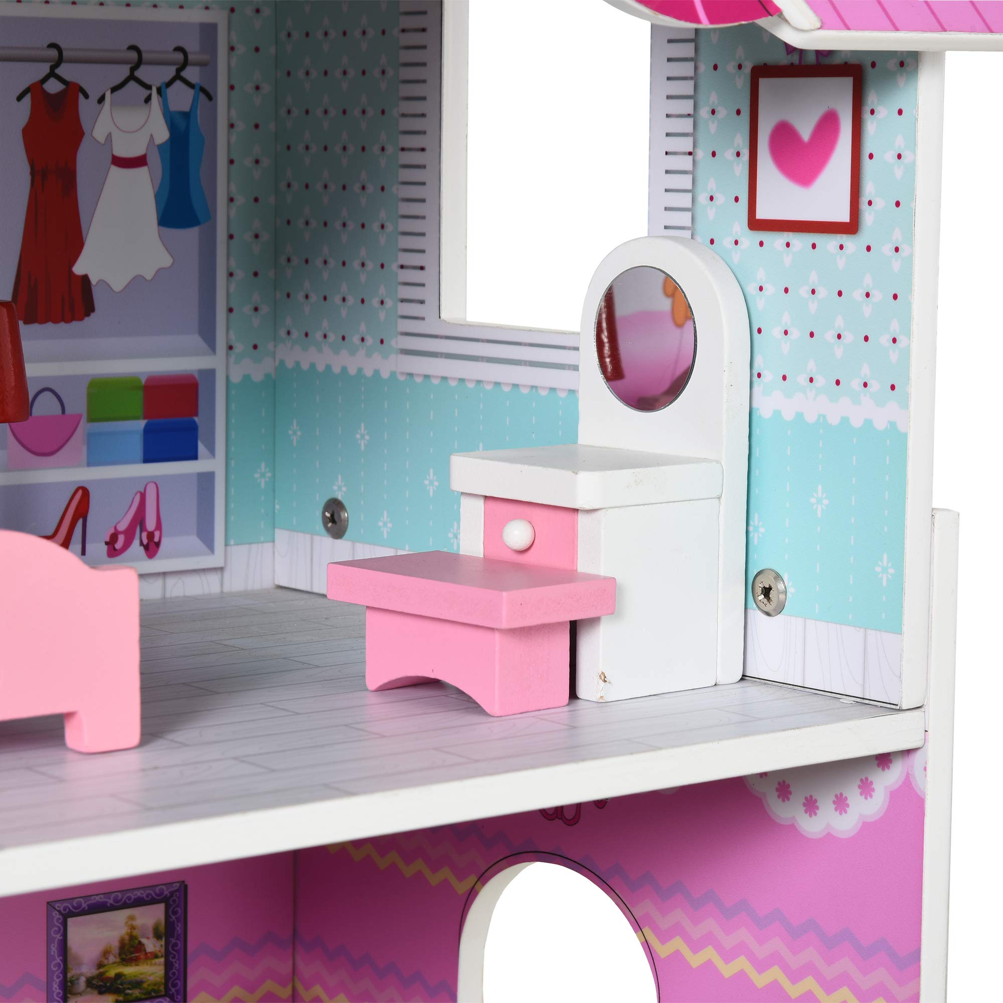 HOMCOM Casa de Muñecas de Madera de 3 Pisos con Patio 86x30x87 cm Rosa | Muebles y Accesorios de 13 Piezas, Diseño Lindo, Casita de Muñecas de Juguete