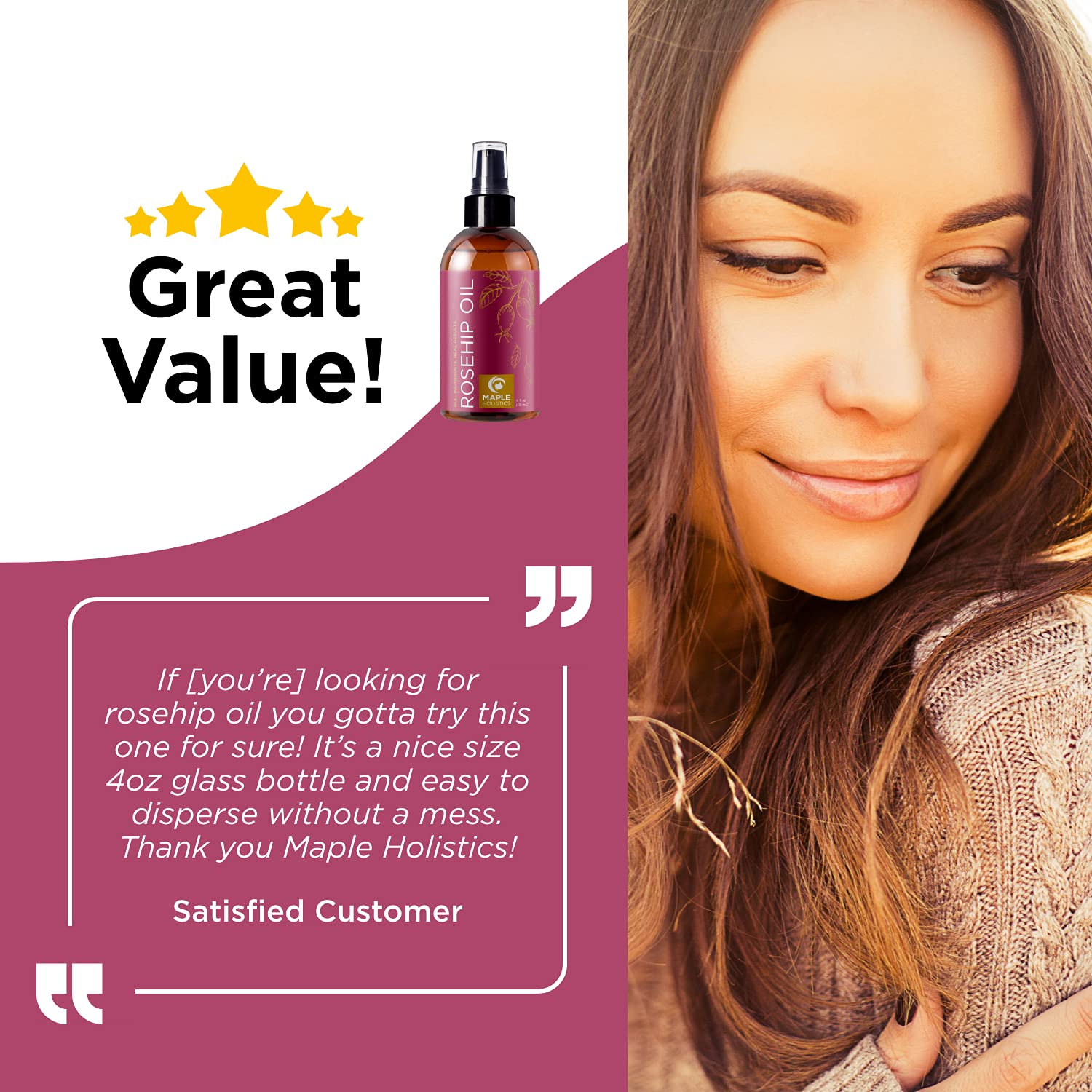 Pure Rosehip Oil for Face Care - Nourishing Rosehip Seed Oil Face Moisturizer for Dry Skin and Natural Hair Oil for Dry Hair - Anti Aging Face Serum with Pure Rose Hips and Vitamin E Oil for Skin : Beauty & Personal Care