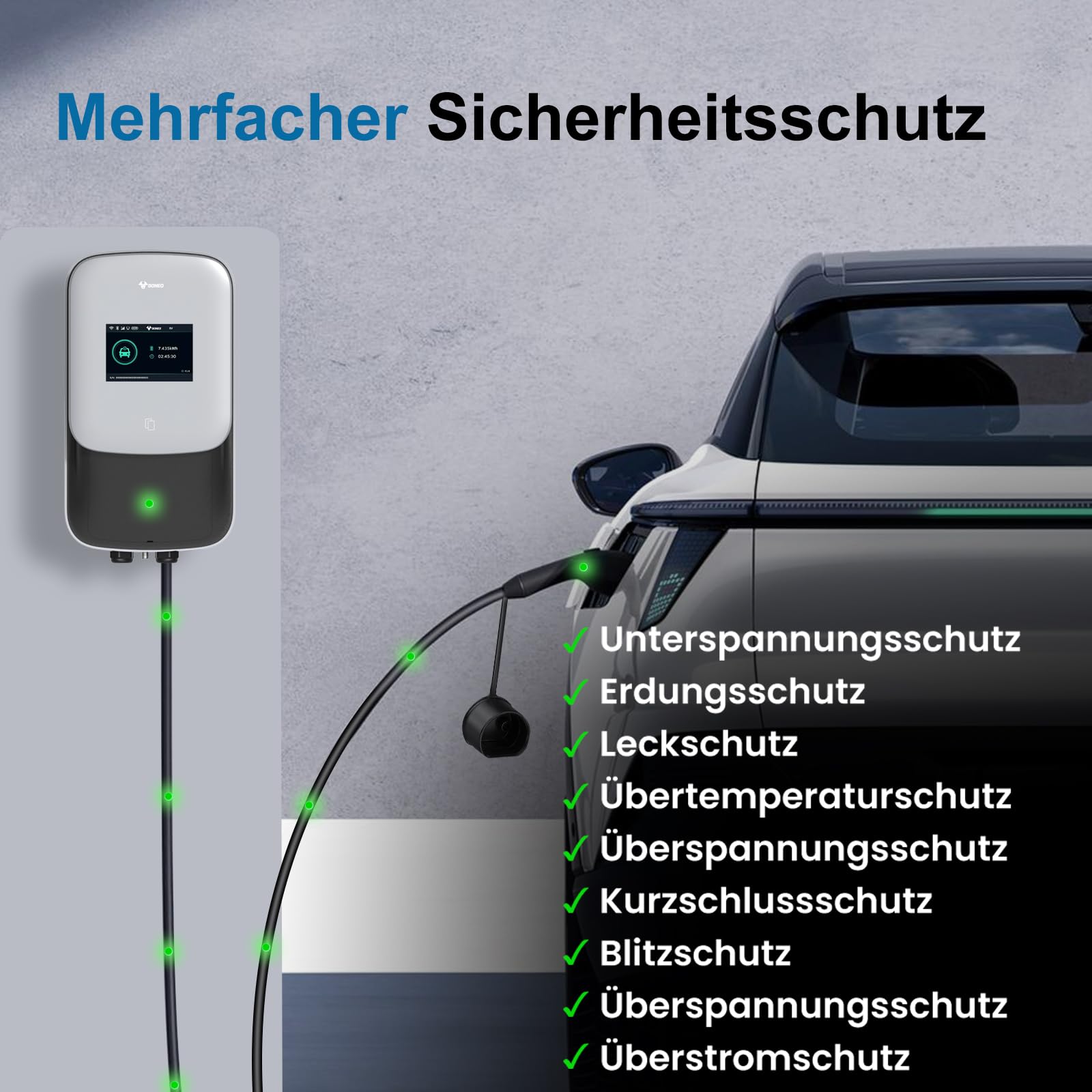 GONEO Ladestation 22kW 8A-32A Wallbox für Elektrofahrzeuge 480V Dreiphasig OCPP mit 5m Kabel mit RFID Karte IP65 IK10 Schutz 4G WLAN APP Bluetooth Steuerung Terminladung