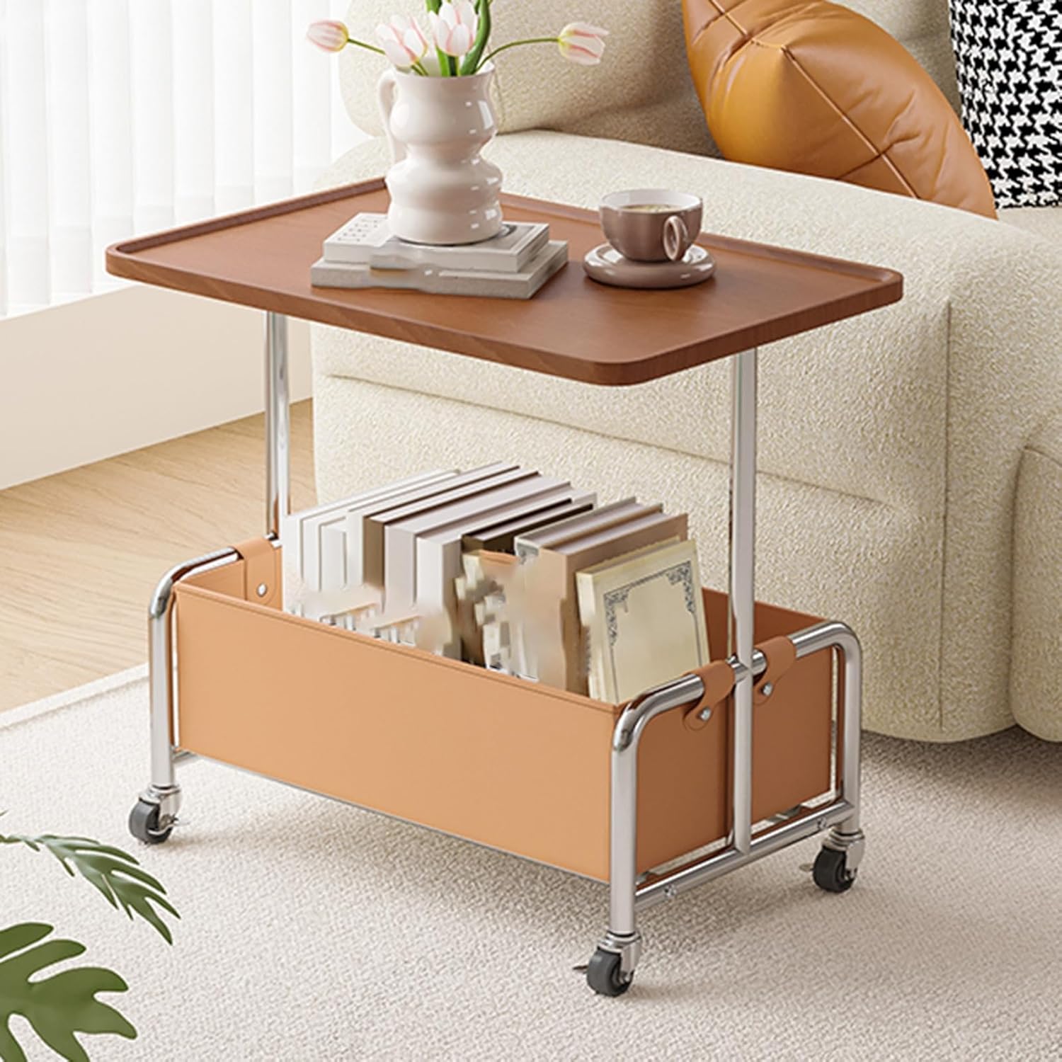 小さなアパートに適した錬鉄製のベッドサイドテーブル、可動式収納キャビネット、オープン収納ラック（滑車付き）(White)