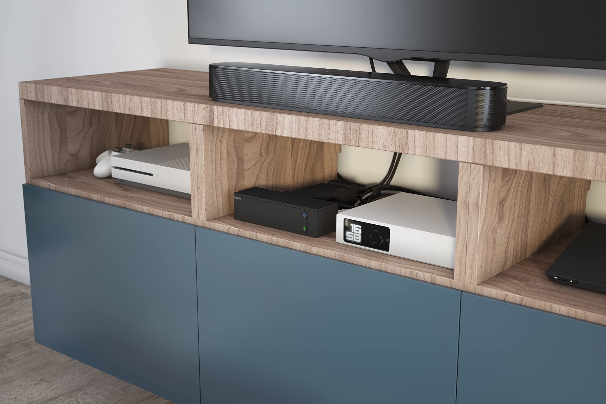 LEGRAND - Regleta para Espacio de televisión, 4 Tomas con Tierra + 4 Tomas sin Tierra + Carcasa para Cables + Collar autoagarrante, con pararrayos + Interruptor, Cable de 2 m, diseño Premio, Color