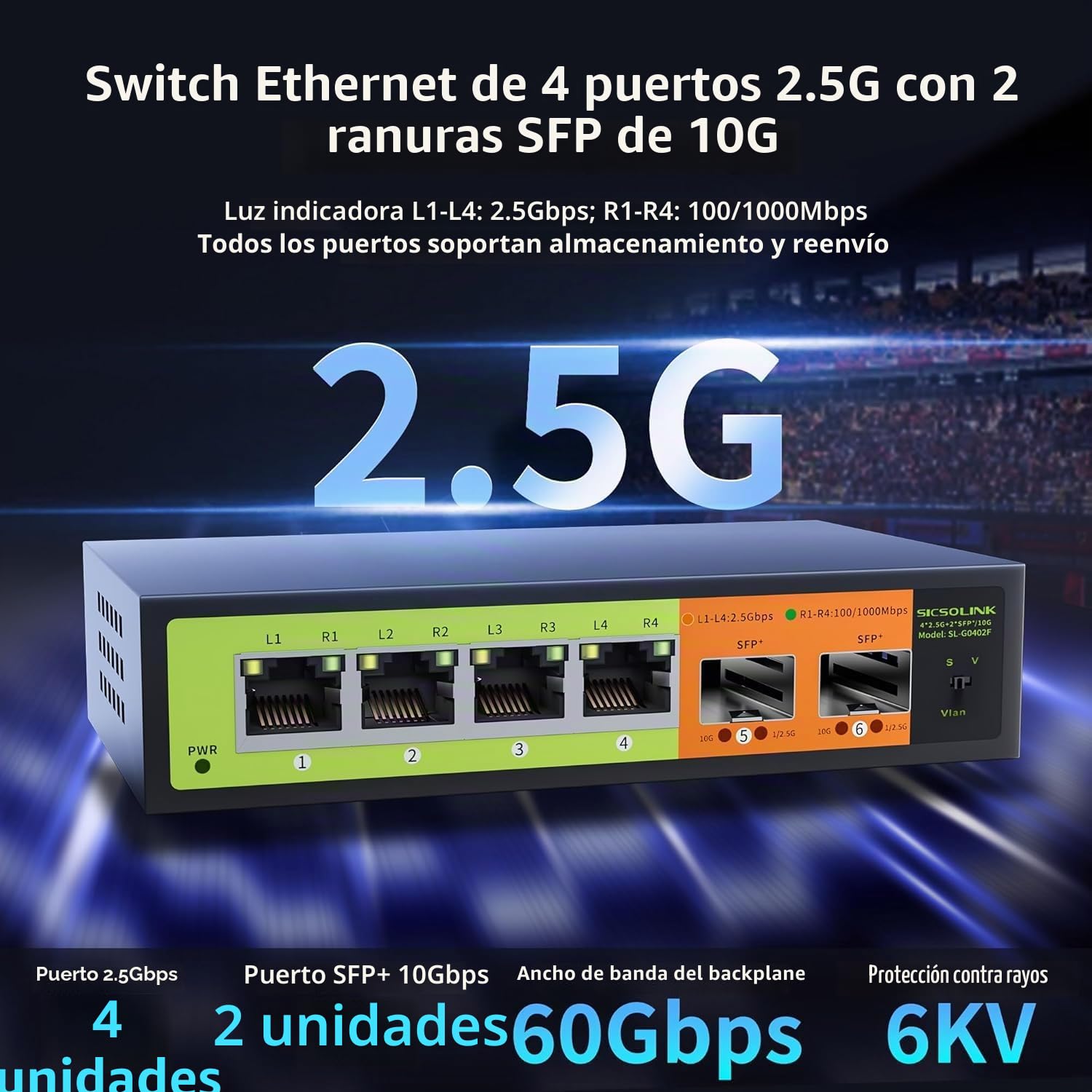 Interruptor de red de 6 puertos de 2,5 GB, 4 x 2,5 G RJ45, 2 x 10 G SFP+, Muti-gigabit, no administrado, carcasa de metal, ancho de banda de 60 G, sin ventilador, compatible con NAS de 2,5 GB, PC, AP