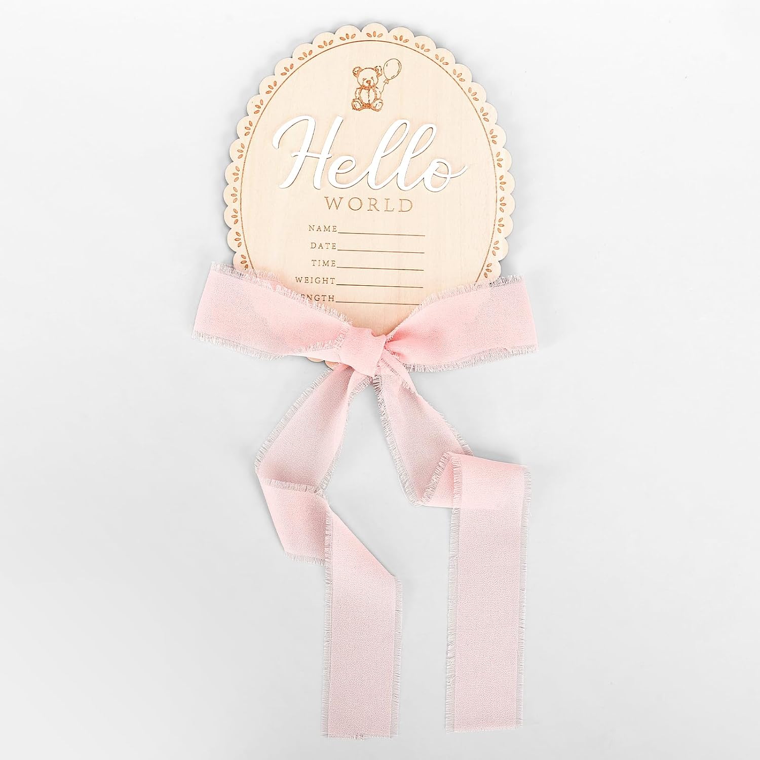 AnyDesign Bear Baby Announcement Sign Hello World Newborn Sign Scalloped Newborn Birth Wooden Board with Ribbon Bow Milestone Card for Birthday Baby Shower Photo Prop Keepsake