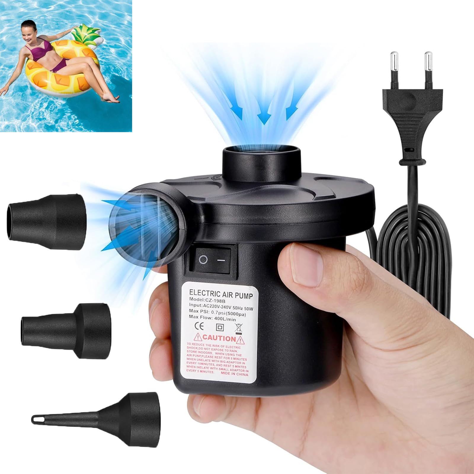 JIZZU Electric Air Pump, 2-in-1 Portable Air Pump, Air Mattress with 3 Nozzles, 220V/DC 12V, Air Pump for Mattress, Air Mattress, Rubber Boat, Swimming Ring-image-34