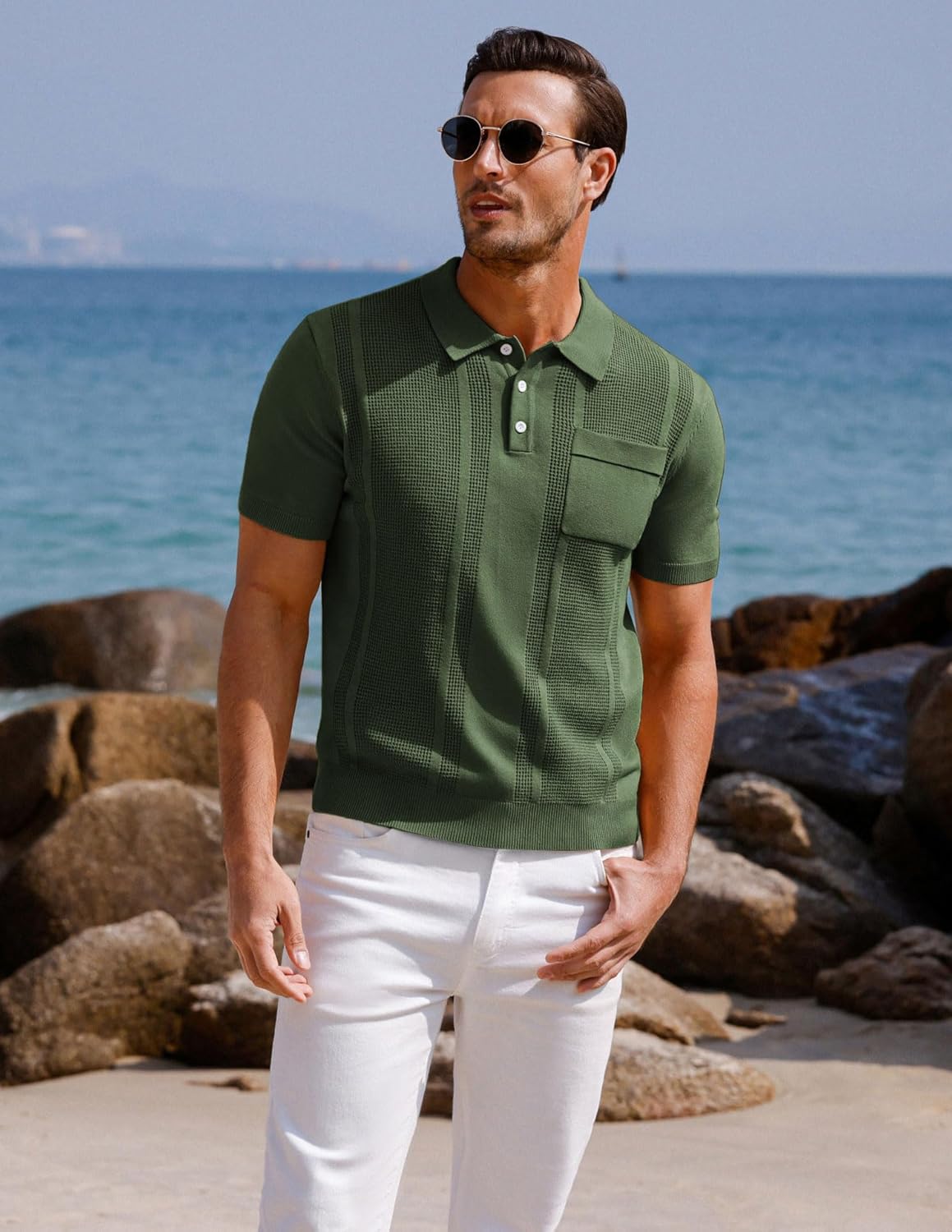 GRACE KARIN Mens Breathable Polo Shirts Short Sleeve Lightweight Knit Texture Golf Shirts Knitwear - Image 2