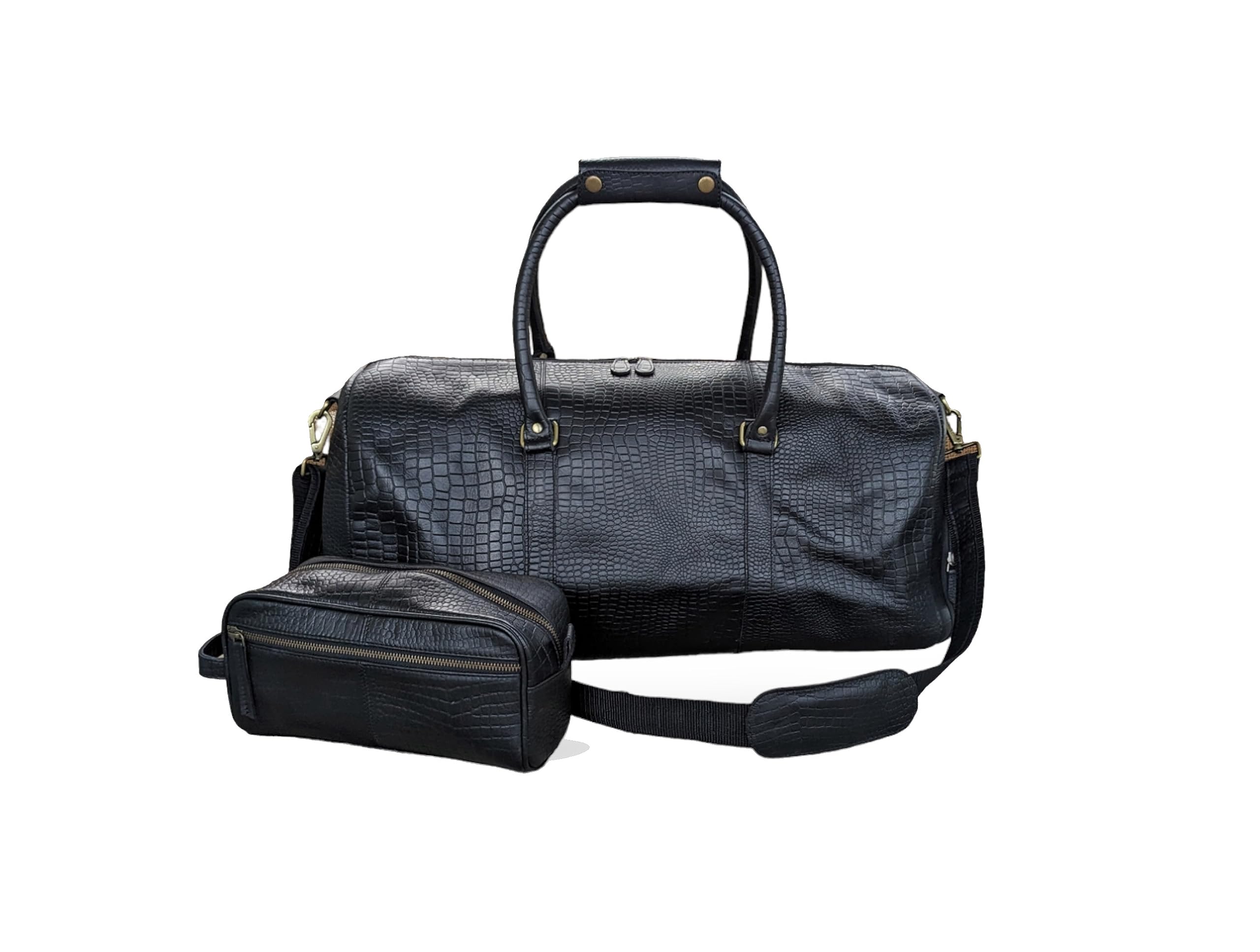 21" Leather Travel Duffel Bags for Men and Women with Toiletry Bag and Shoe Compartment Genuine Buffalo Leather Overnight Weekend Black Leather