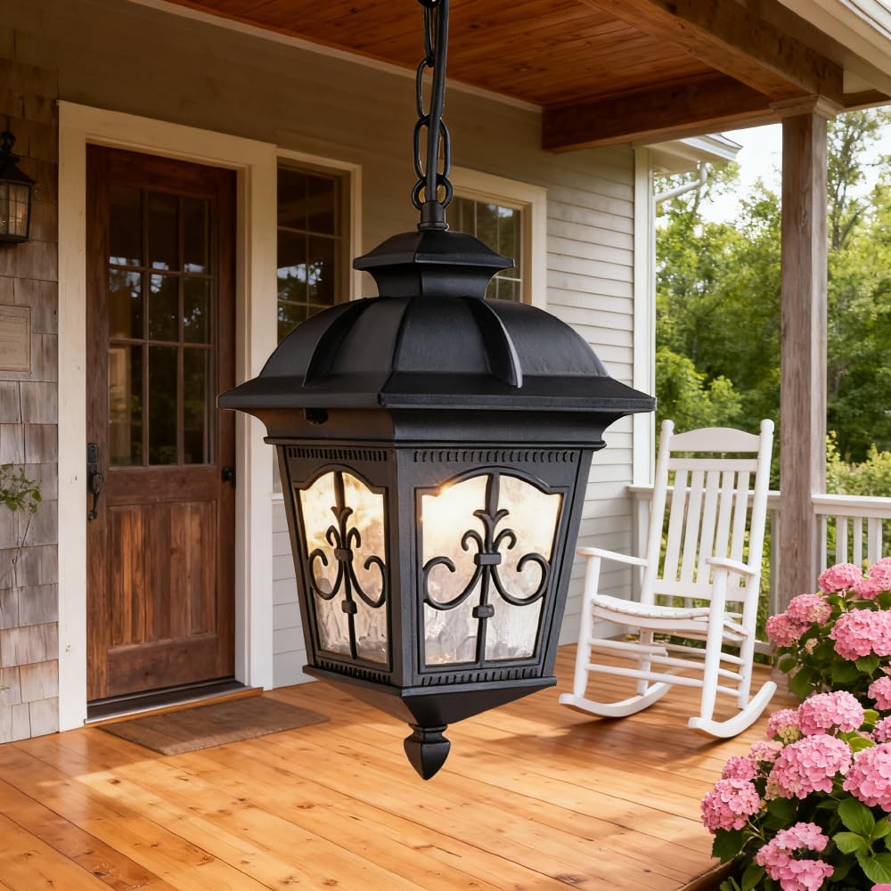 LYMSXAZOU Vintage Outdoor Hanging Lantern - Waterproof Iron Pendant Light with Clear Glass for Porch Patio Garden Backyard Deck & Entrance Elegant Lighting (DD-I)