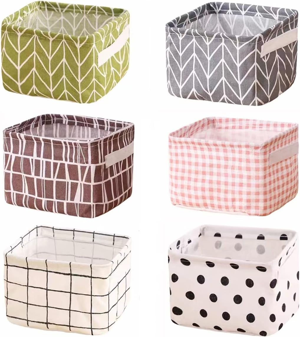 Foldable Storage Basket - Set of 6 Small Collapsible Canvas Containers Organizers with Handle for Home Decor or Storing Toys, Keys, Sundries, Little Crafts. (Style C)