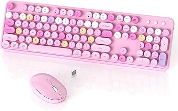 Colorful Wireless Keyboard and Mouse Combo, COVEVA 2.4GHz Wireless Retro Cute Round Keycaps Keyboard, 104 Keys Full-Sized Keyboard Mouse Set with Switch Button for PC Laptop Desktop (Pink Colorful)