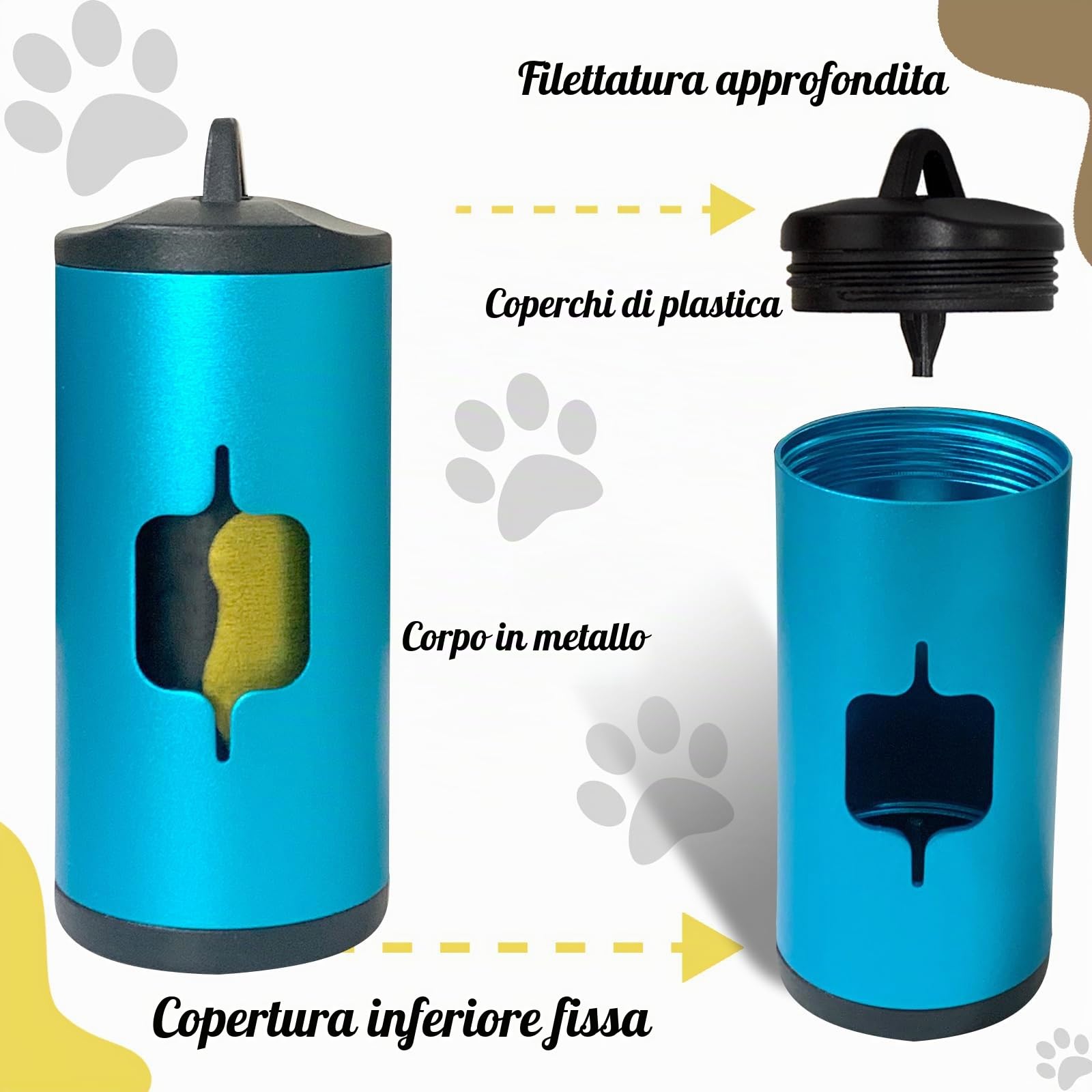 Porta sacchetti in metallo per cani con clip per guinzaglio, in alluminio resistente ai graffi, 15 sacchetti + 3 accessori (blu)