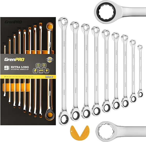 GRENPRO Extra Long Ratcheting Wrench Set Metric and Standard, Large Wrench Set, Big Double Box End Ratchet Wrenches Sets, 10PC 8-22MM Mechanic Tools Automotive Box Foam Wrench Kit Organizer with Gauge