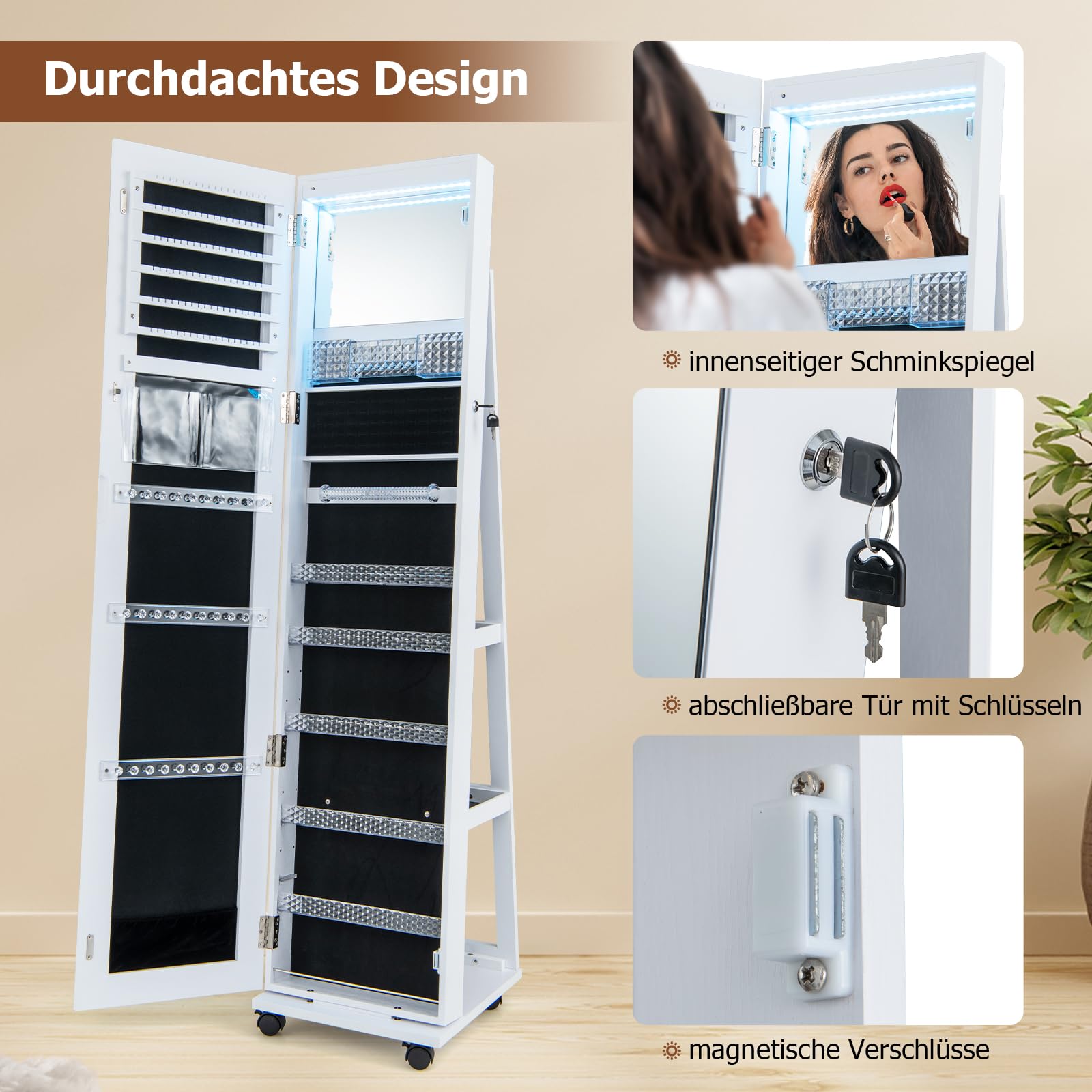 RELAX4LIFE Schmuckschrank mit Ganzkörperspiegel, 3 in 1 Spiegelschrank mit 4 Rädern & 3 farbigen LEDs, 360° Drehbar & Abschließbar, Schmuckorganizer mit 3 Regalen (Weiß)