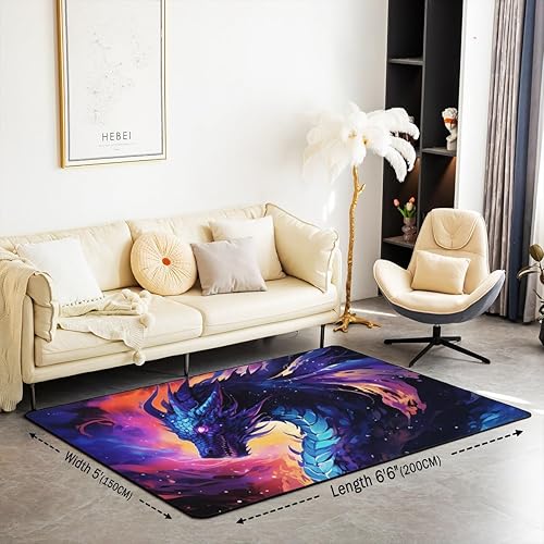 Miniatura 2 de Alfombra decorativa con diseño de dragón, alfombra de sala de estar con acuarela de dragón fresco para niños y hombres, dormitorio, galaxia