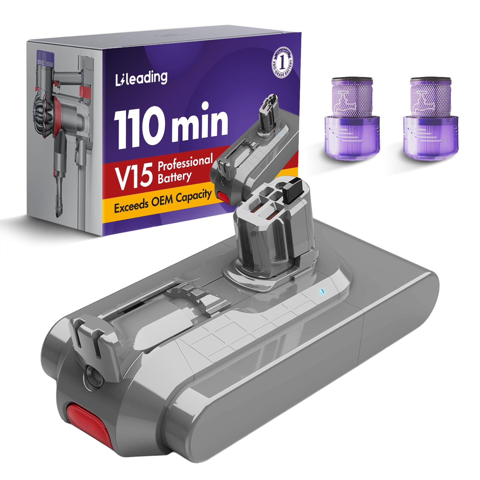 V15 Runtime Battery Replacement: Compatible with Dyson V15 Models, Animal, Torque Drive, Total Clean, Outsize, SV15, SV16, SV22, SV28, 970425-01, Includes 2 Filters
