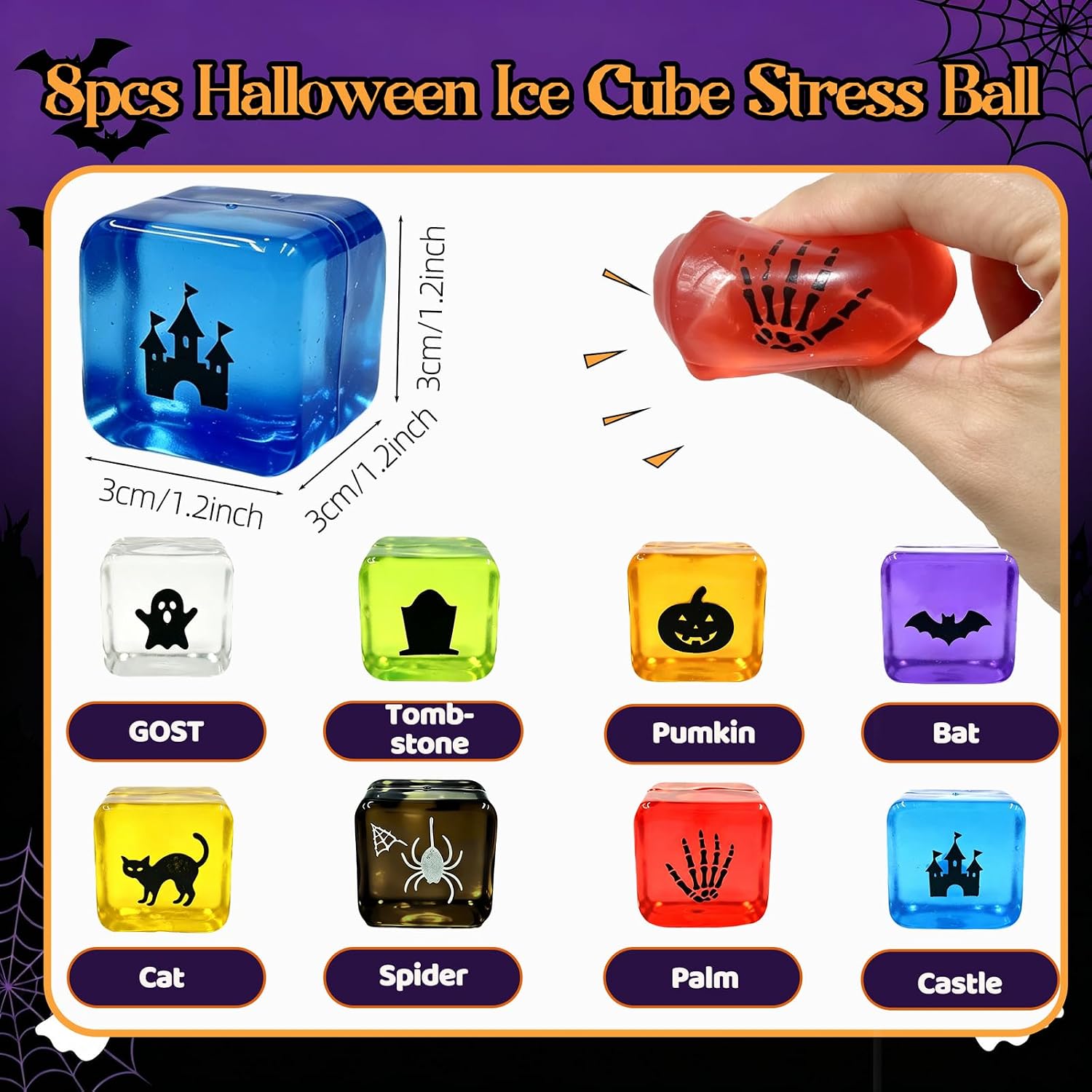 8Pack Printed Halloween Cube Squishies Stress Balls, Fidget Toys for Kids image 3