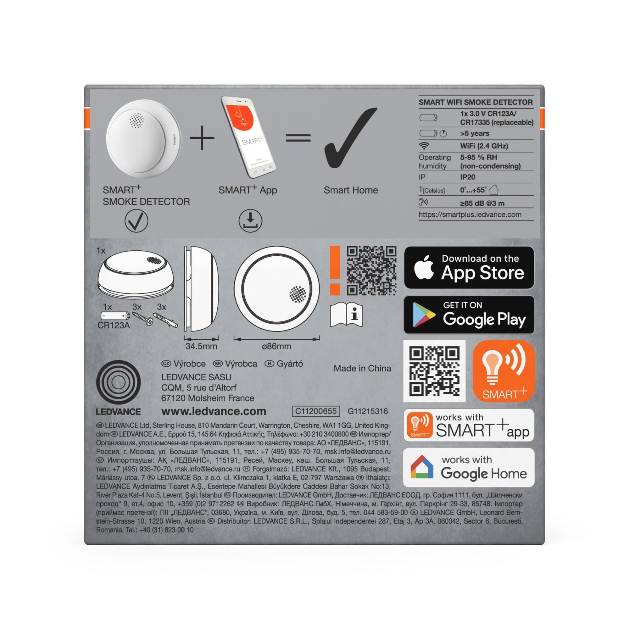 OSRAM Smart+ WiFi Détecteur de fumée, IP20, Plastique, 86 mm, Blanc